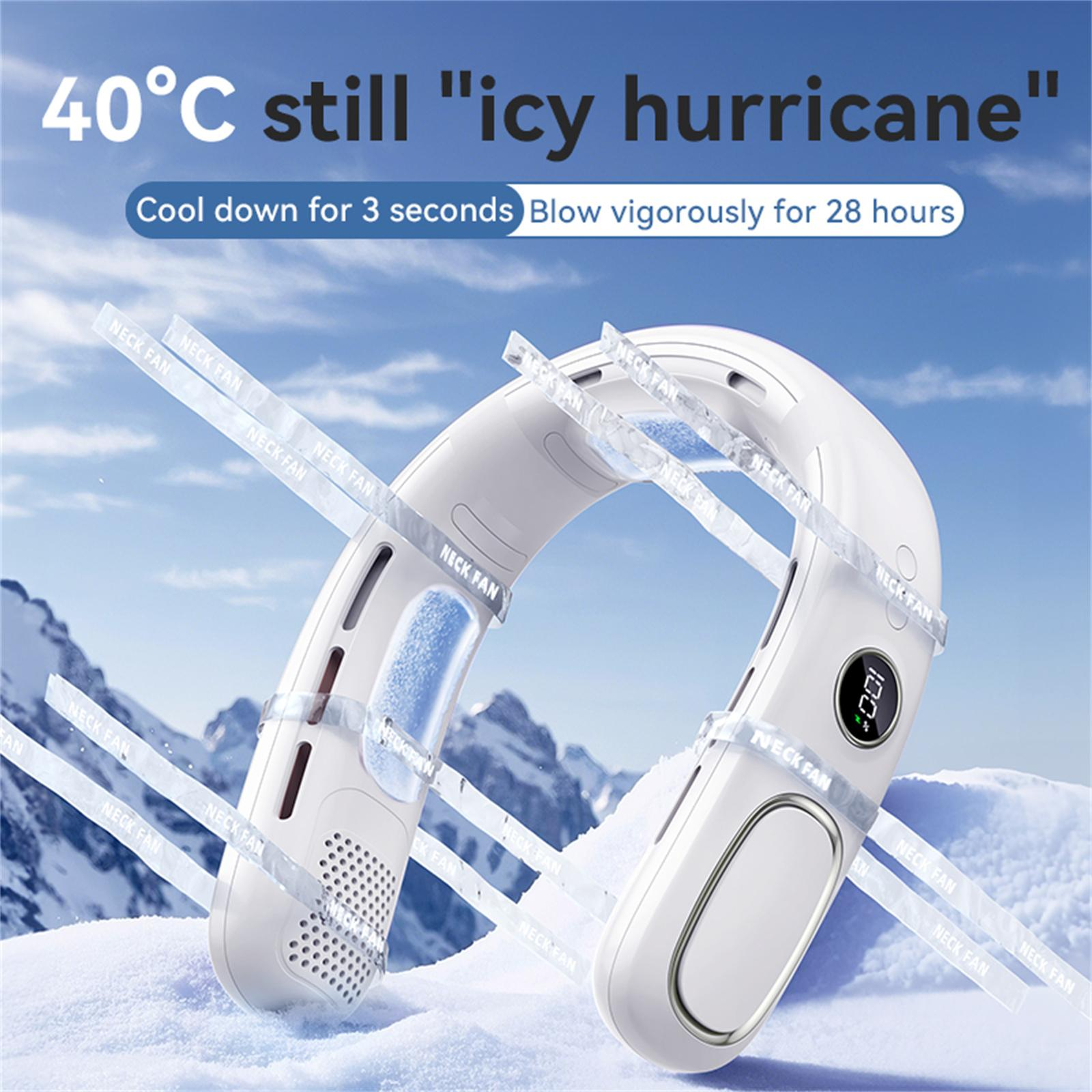 Ein weißer Nackenventilator wird vor einer verschneiten Bergkulisse gezeigt, um seine Kühlfunktion hervorzuheben.