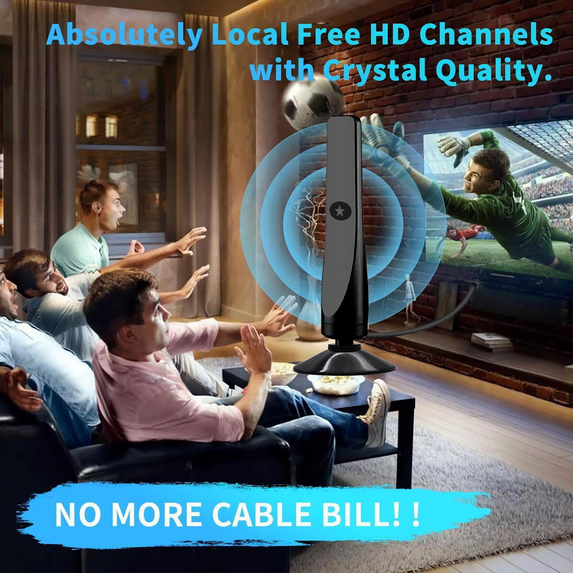 Indoor-TV-Antennenaufbau, der zeigt, wie Leute ein Sportspiel im Fernsehen schauen, wobei die Antenne hervorgehoben wird.