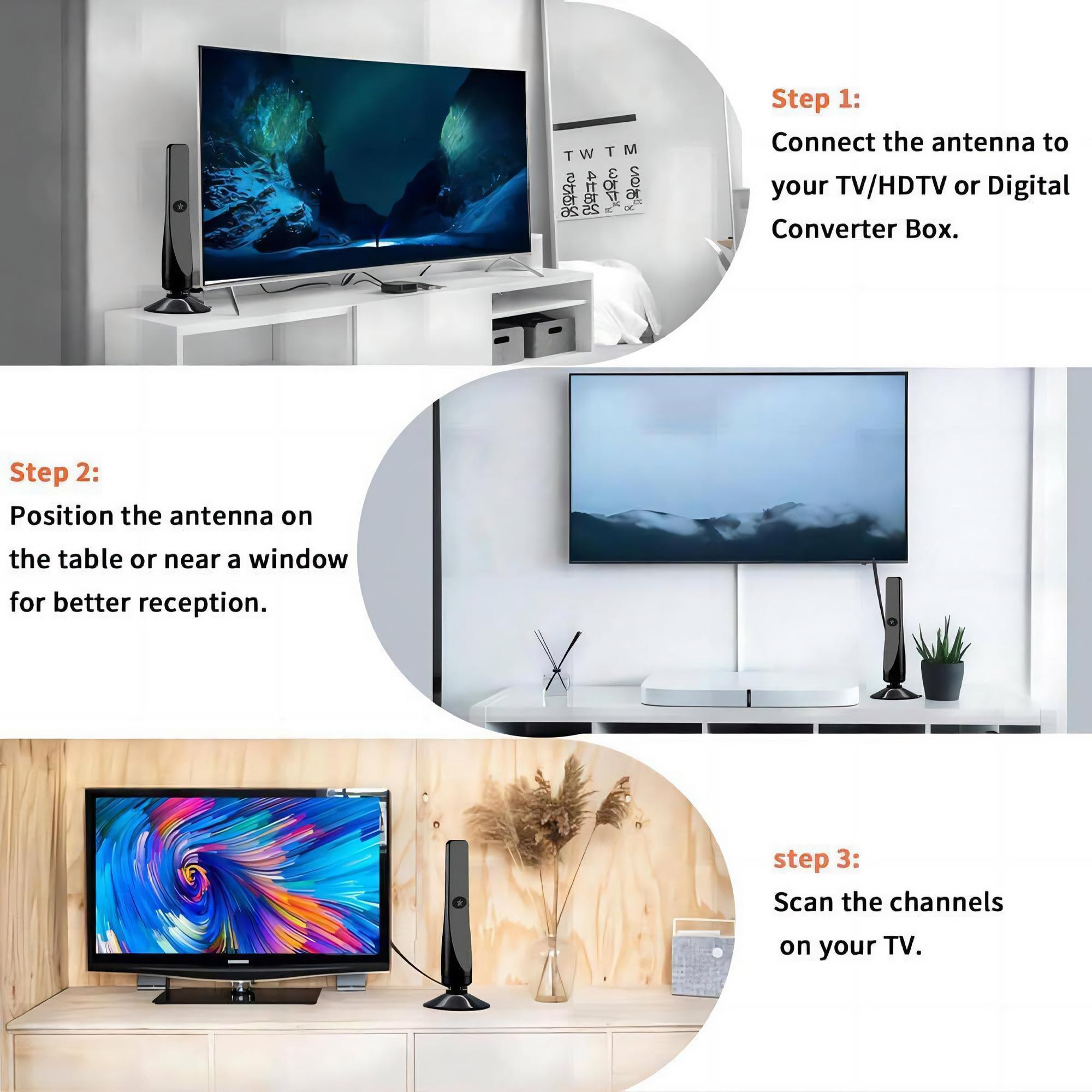 Schritte zum Anschließen und Positionieren einer TV-Antenne und zum Scannen nach Kanälen, dargestellt in drei verschiedenen Setups.