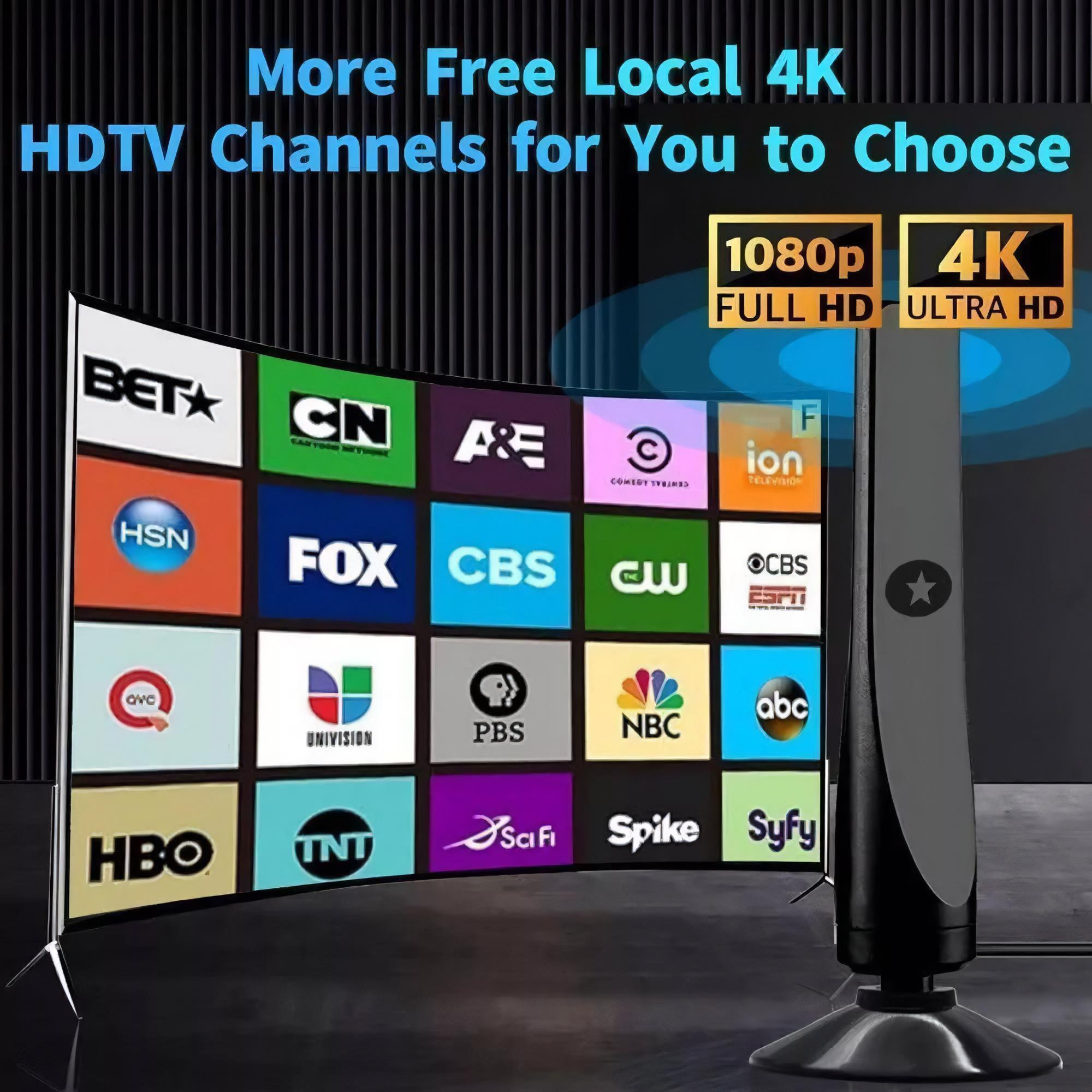 TV-Antenne, die mehrere Kanäle anzeigt und die HD-Qualität und die große Auswahl auf einem Curved-Screen-TV präsentiert.