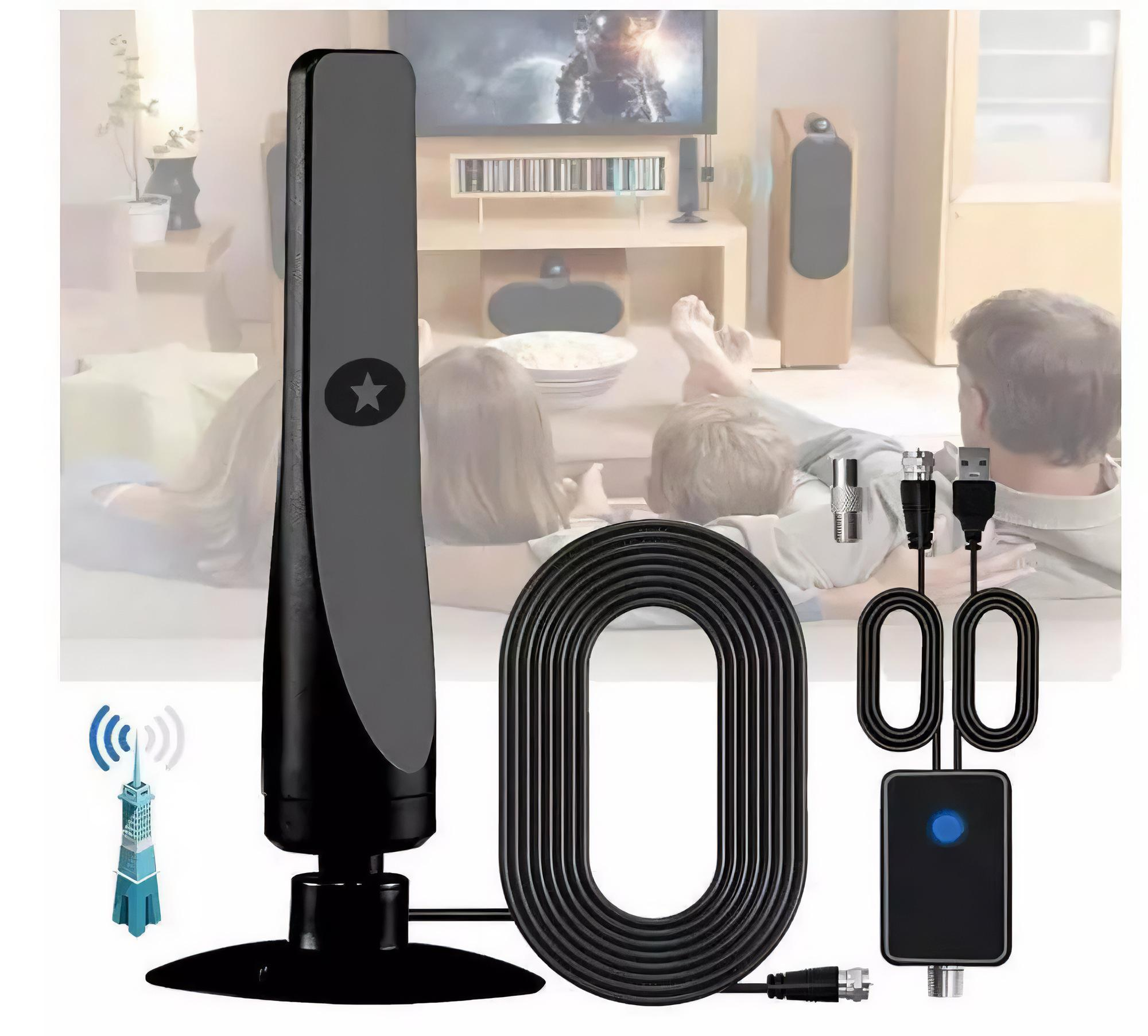 Eine schwarze Antenne mit Kabel und Set-Top-Box. Zeigt eine Skyline. Menschen schauen im Hintergrund fern.