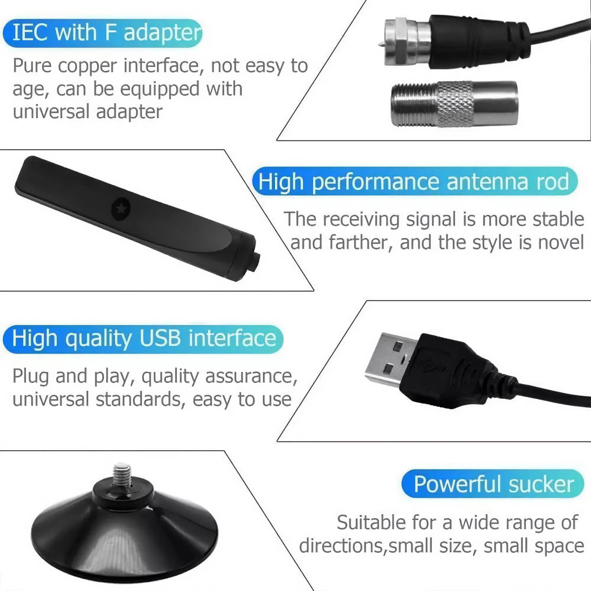 Produktdetails mit Text und Bildern: Antenne, USB-Schnittstelle, Saugnapf und Antennenstab. Details zu Funktionen und Verwendung.