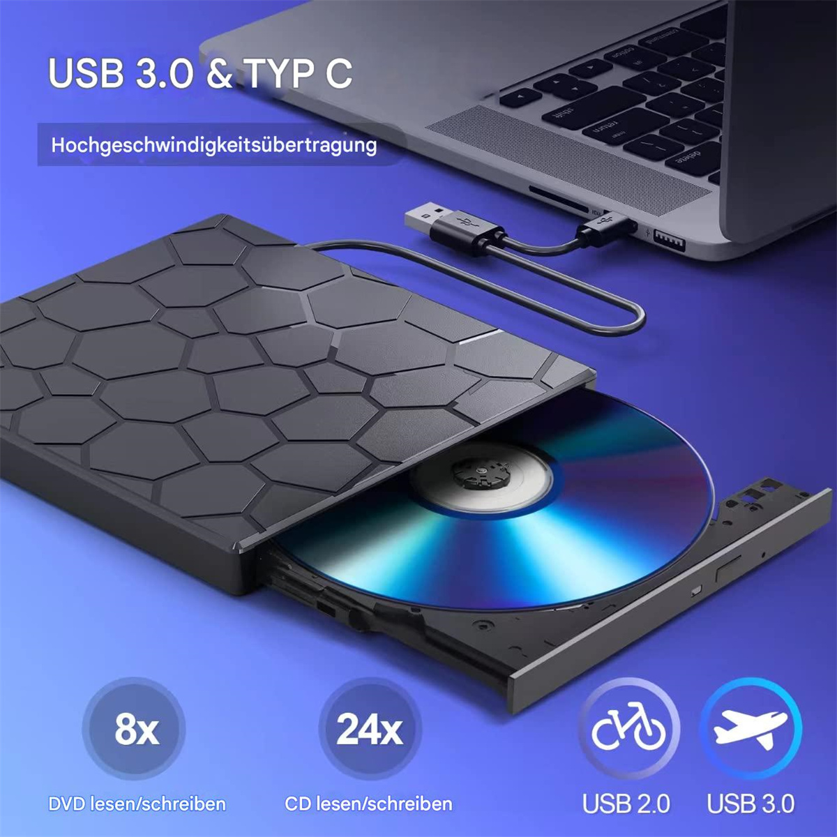 Externes CD/DVD-Laufwerk offen, an einen Laptop angeschlossen. Zeigt USB 3.0 & Typ C, mit Symbolen zum Lesen/Schreiben von DVD/CD.