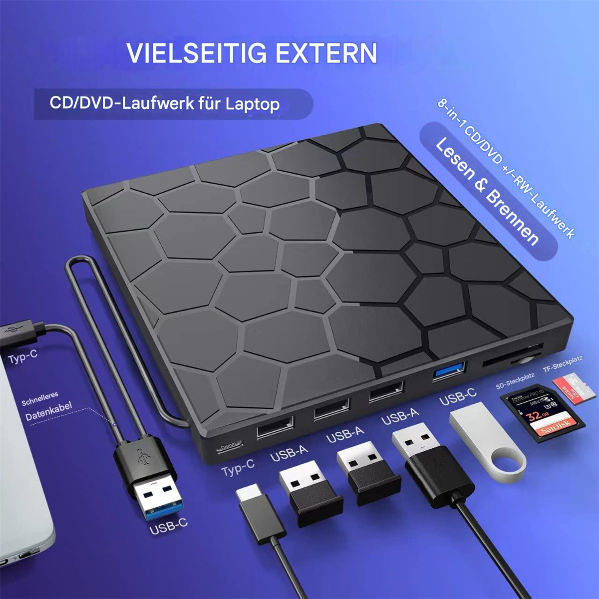 Schwarzes externes CD/DVD-Laufwerk mit mehreren USB-Anschlüssen, SD-Kartensteckplatz und USB-Anschlüssen, an einen Laptop angeschlossen.