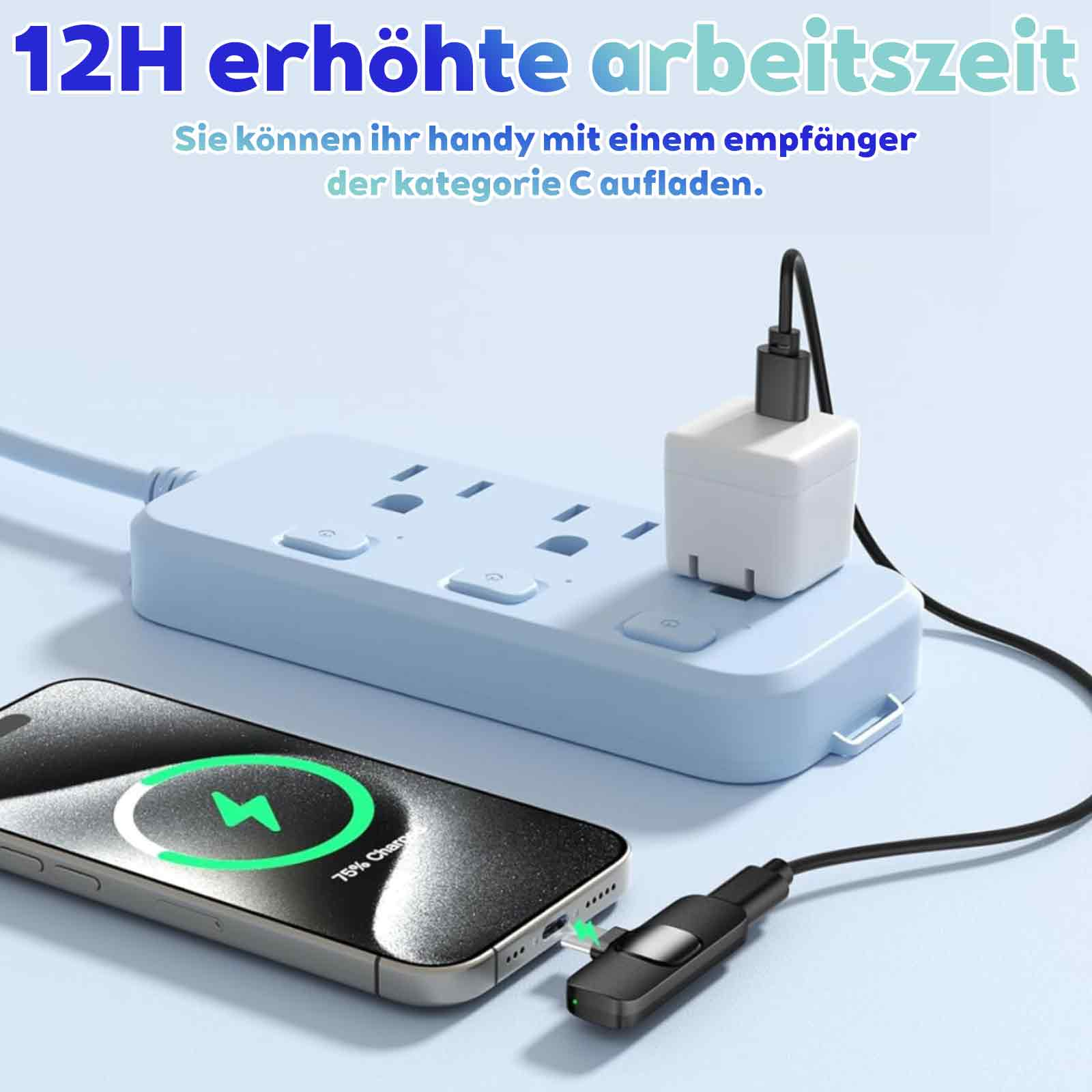 Ein Telefon, das an einer Steckdosenleiste geladen wird. Es zeigt 75% Ladung an. Ein zusätzlicher Adapter ist eingesteckt.