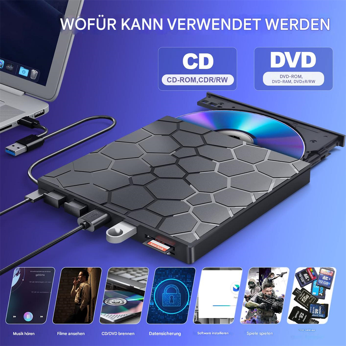 Ein schwarzes Gerät mit CD/DVD-Laufwerk, angeschlossenen Kabeln und Bildern von Medieninhalten.