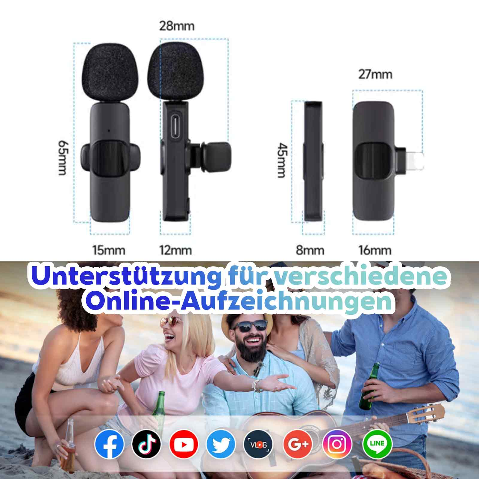 Mikrofone und Abmessungen werden angezeigt. Personen im Hintergrund, die sich mit Getränken und Gitarre vergnügen.