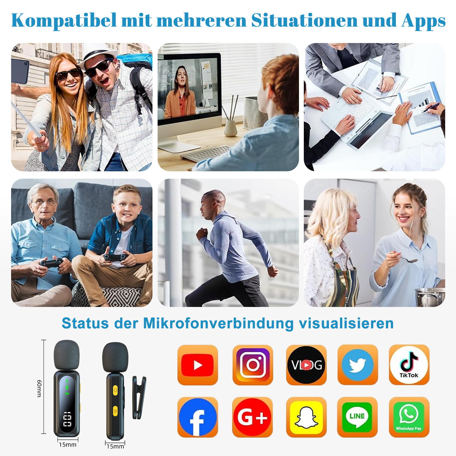 Eine Collage von Menschen in verschiedenen Umgebungen, mit kleinem Mikrofon, Social-Media-Symbolen und Text unten.