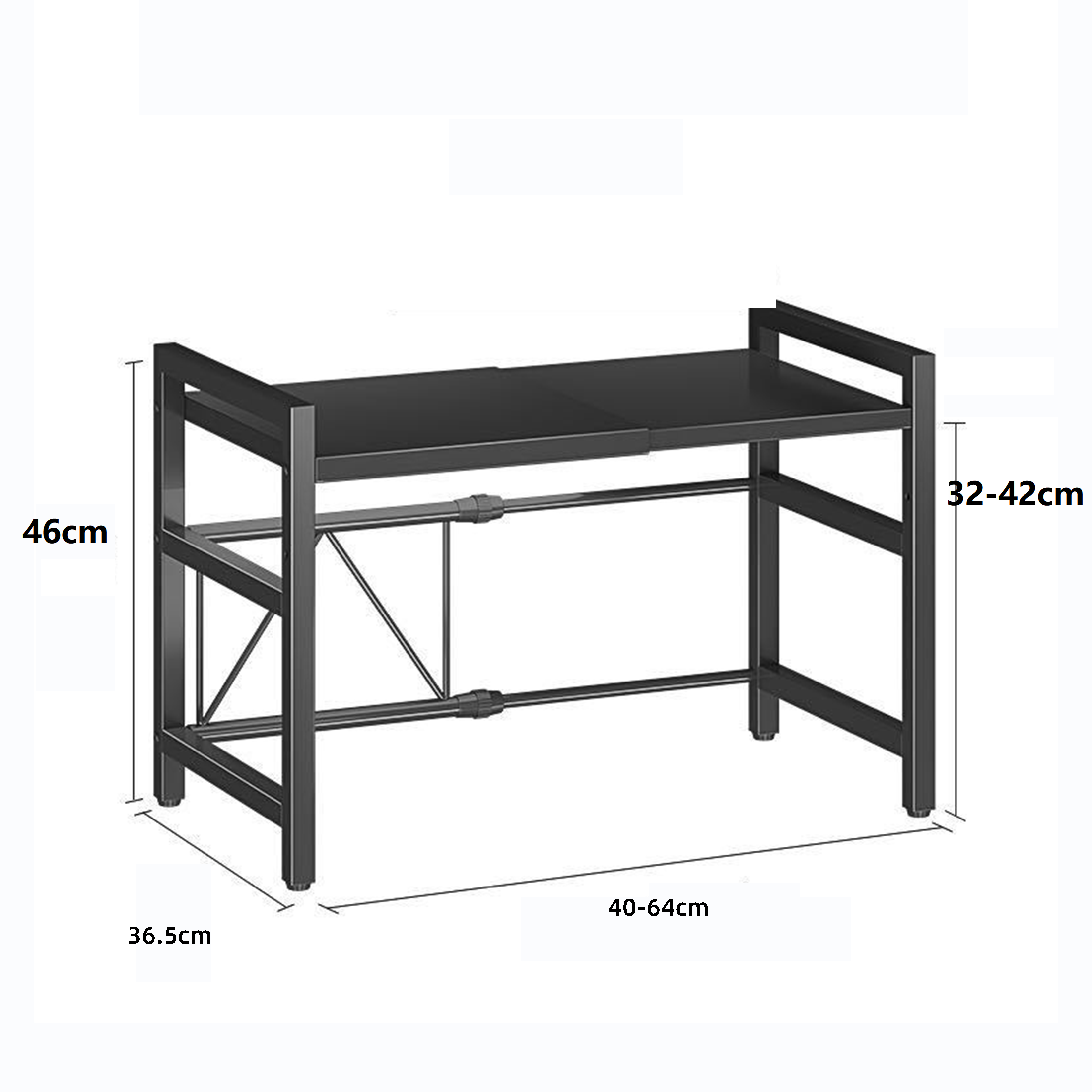 Ein schwarzer Metallschreibtisch mit in Zentimetern beschrifteten Abmessungen, mit rechteckiger Form.