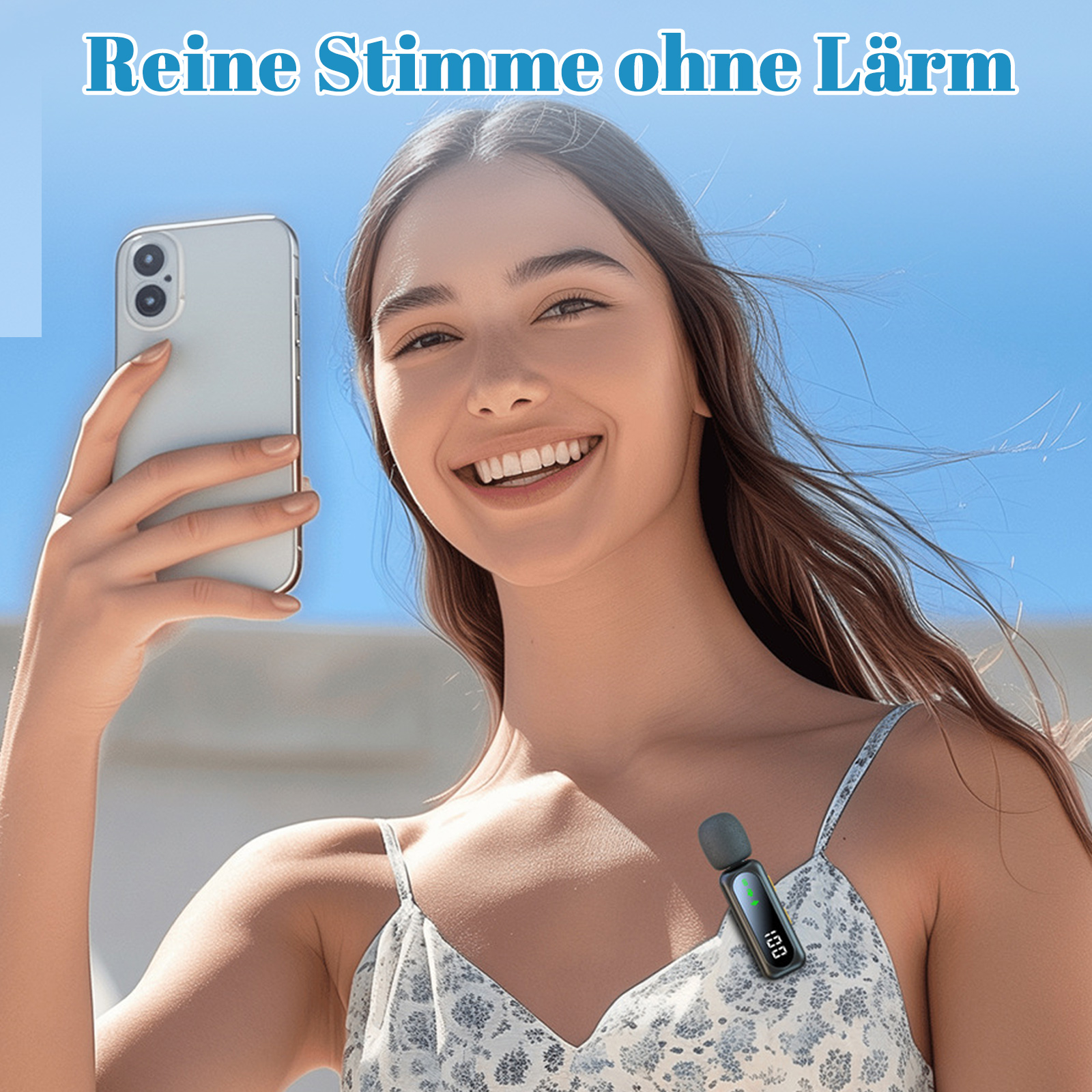 Eine Frau lächelt und hält ein Telefon. Ein kleines Mikrofon ist an ihrem Hemd befestigt. Text: Reine Stimme ohne Lärm.