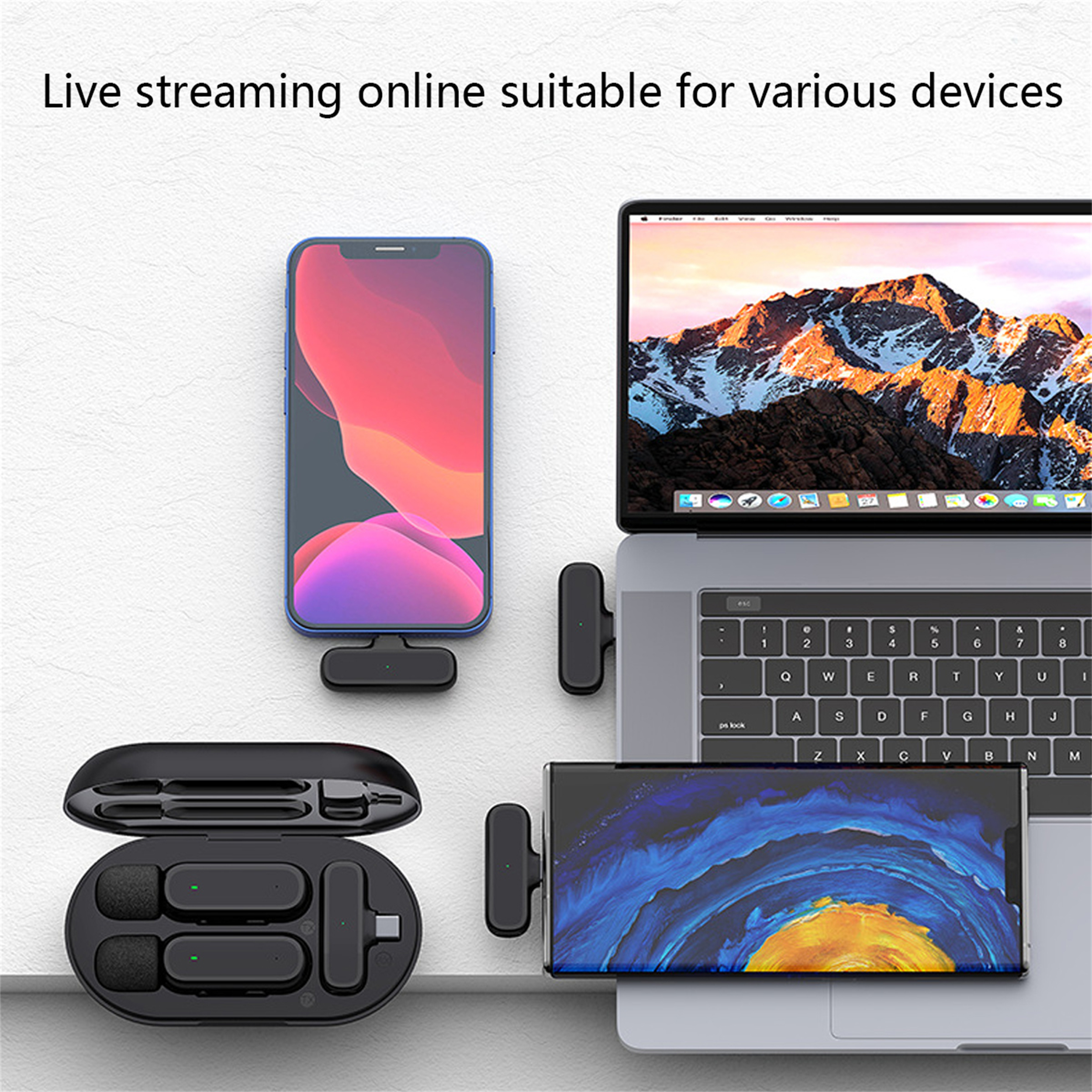 Verschiedene Geräte mit Mikrofonen. Ein Telefon, ein Laptop und ein Tablet zeigen die Mikrofoneinstellungen.