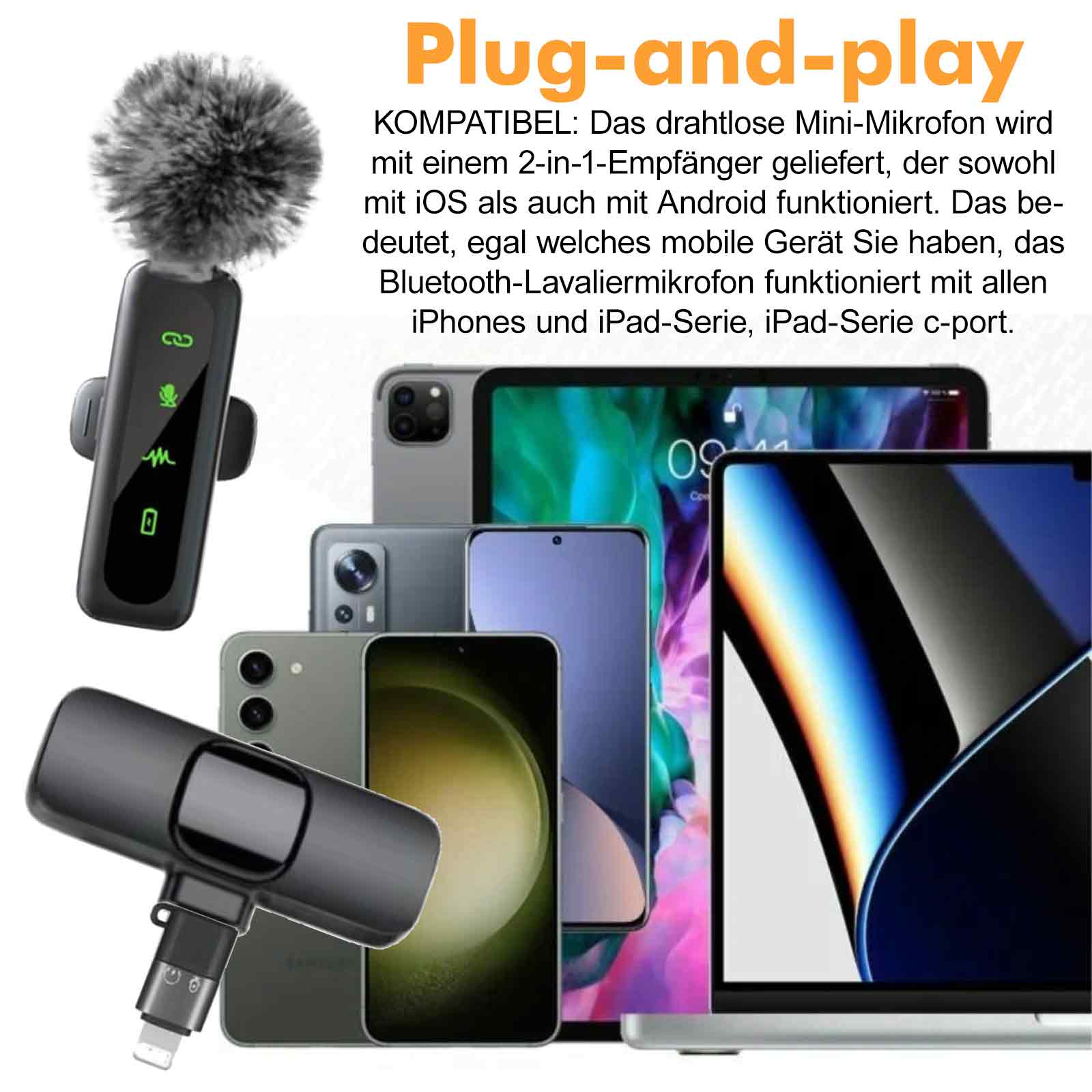 Plug-and-Play-Funkmikrofon. Enthält Mikrofon mit Windschutzscheibe, Empfänger und verschiedene elektronische Geräte.