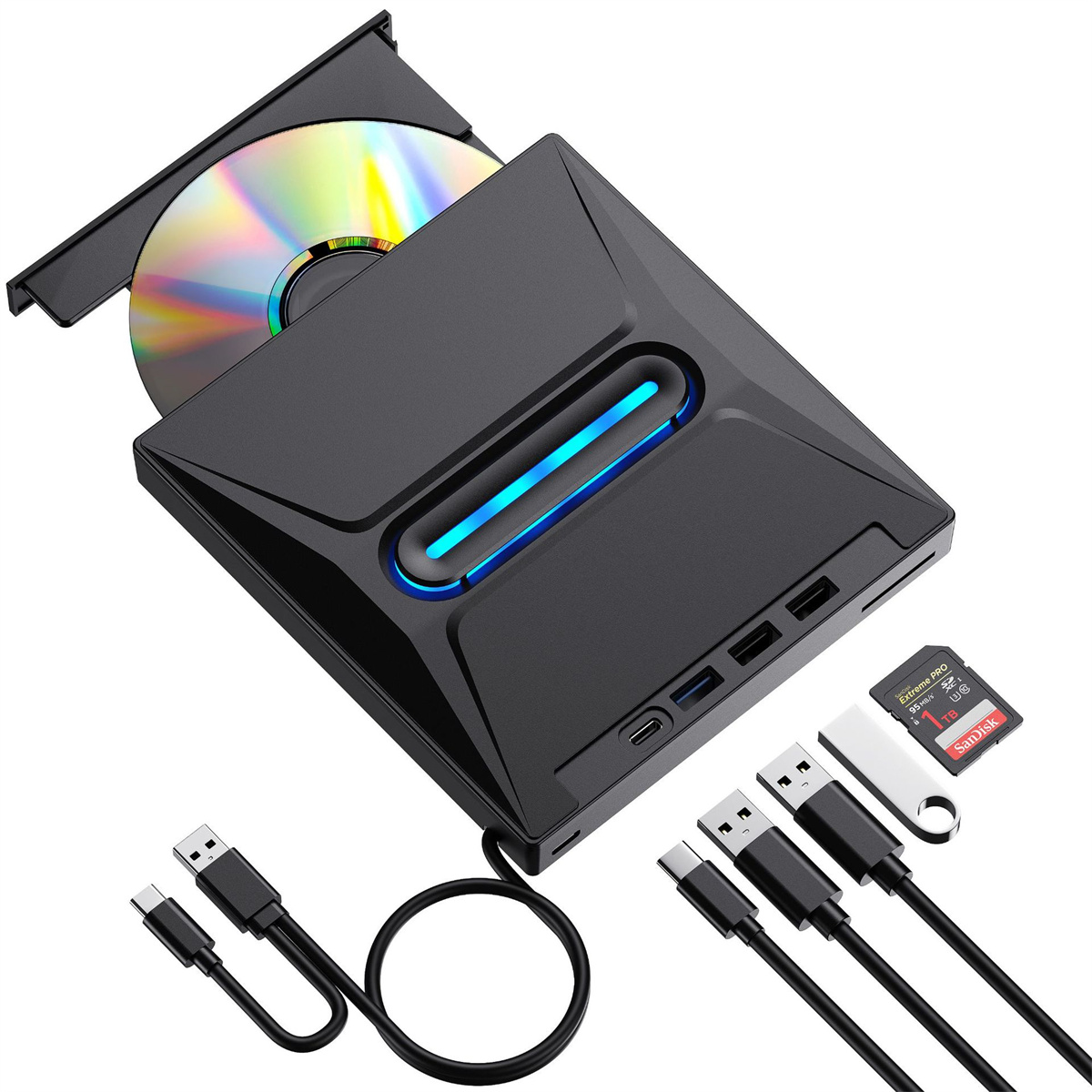 Ein schwarzes DVD-Laufwerk mit einer Disc und Kabeln. Enthält USB-Anschlüsse, einen SD-Kartensteckplatz und ein blaues Licht. Das Design ist elegant.