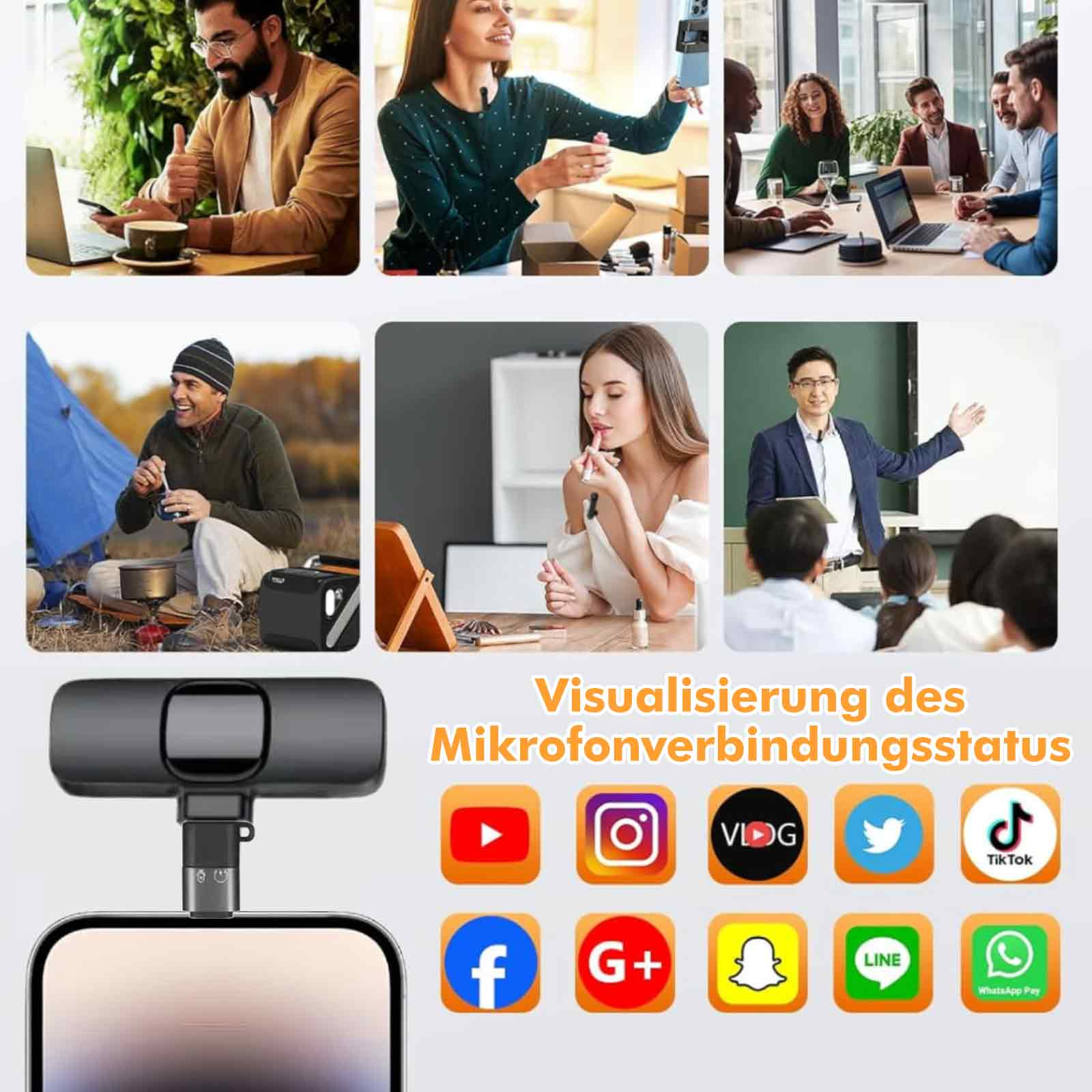 Mehrere Personen benutzen Mikrofone. Die Bilder zeigen das Mikrofon in verschiedenen Umgebungen.