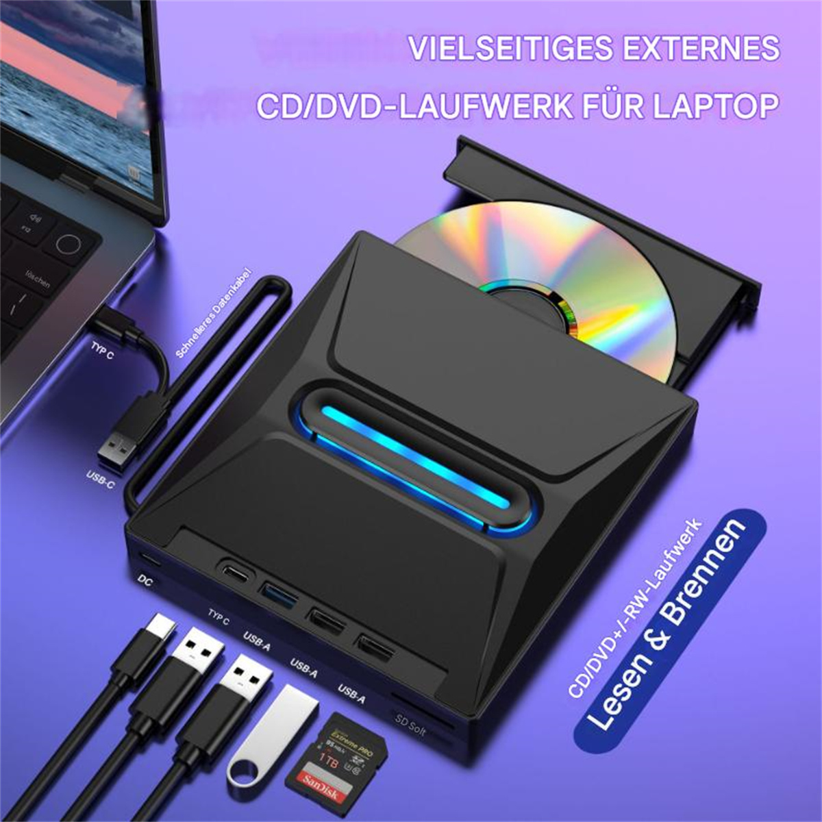 Schwarzes DVD-Laufwerk mit Disc und Kabeln. Enthält USB-Anschlüsse, SD-Steckplatz und ein blaues Licht. Die Box hat die Wörter lesen/schreiben.
