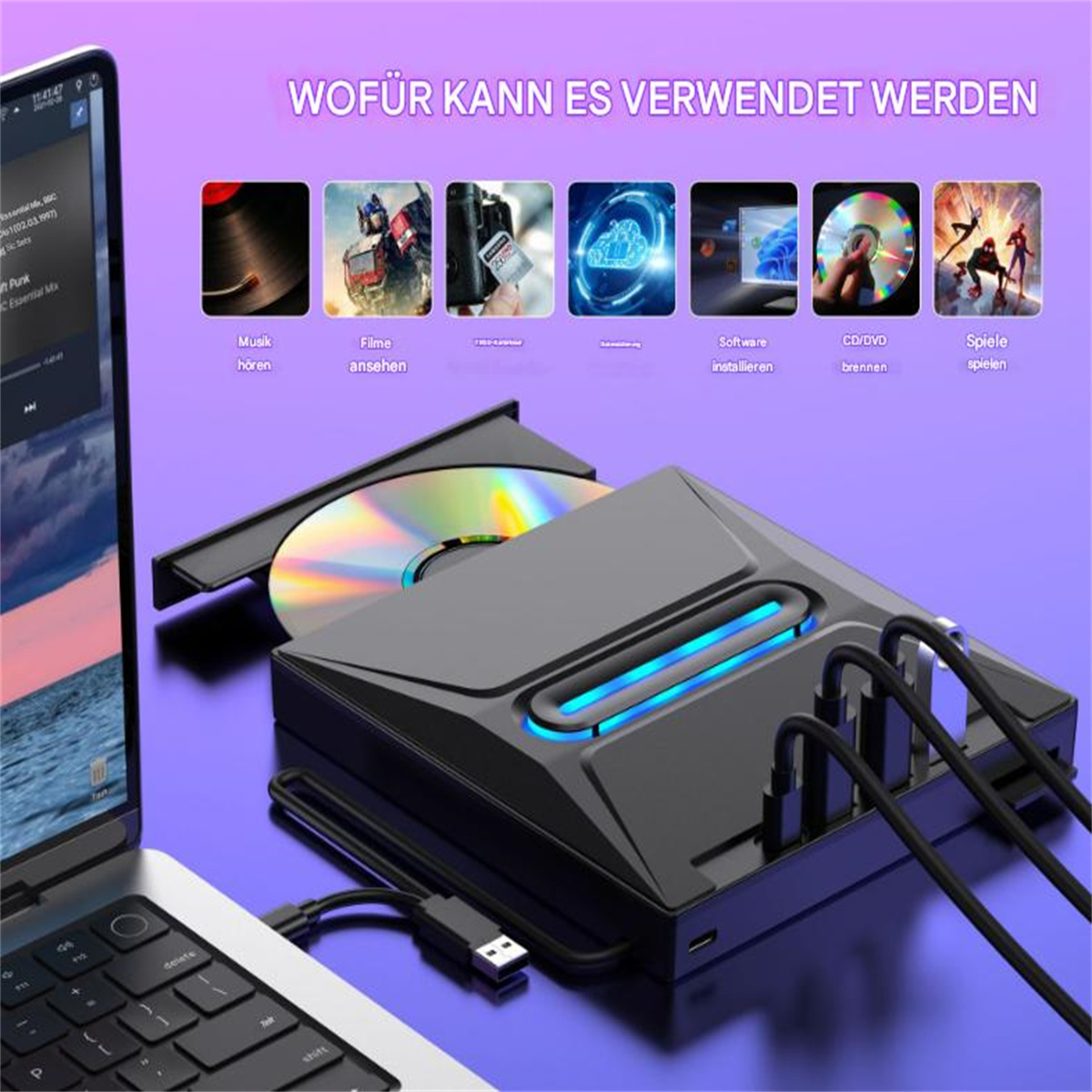 Ein schwarzer DVD-Player mit USB-Anschlüssen und einem Laptop. Sechs Bilder zeigen, wofür das Gerät verwendet werden kann.