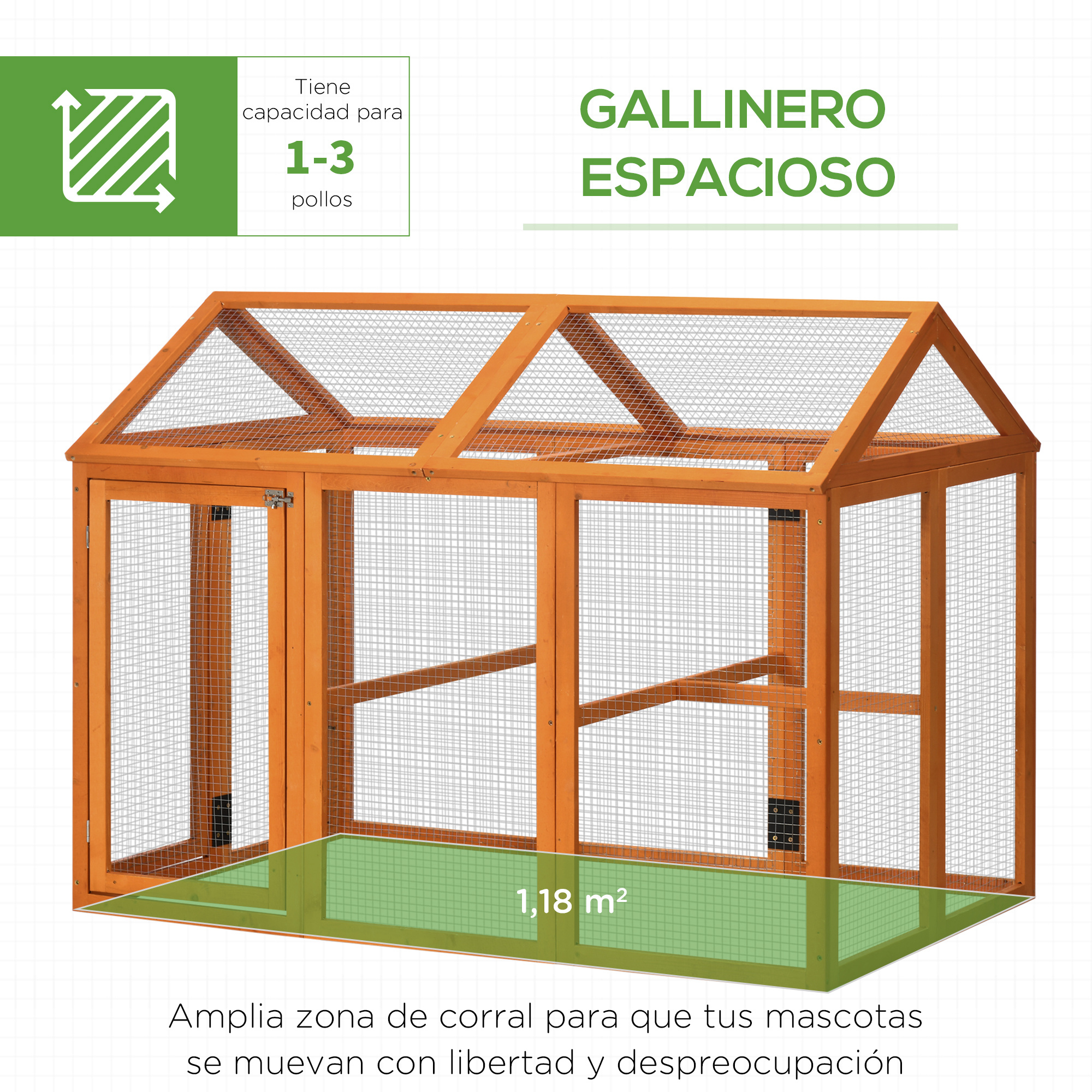 Gallinero de madera con techo de malla, con texto sobre capacidad.