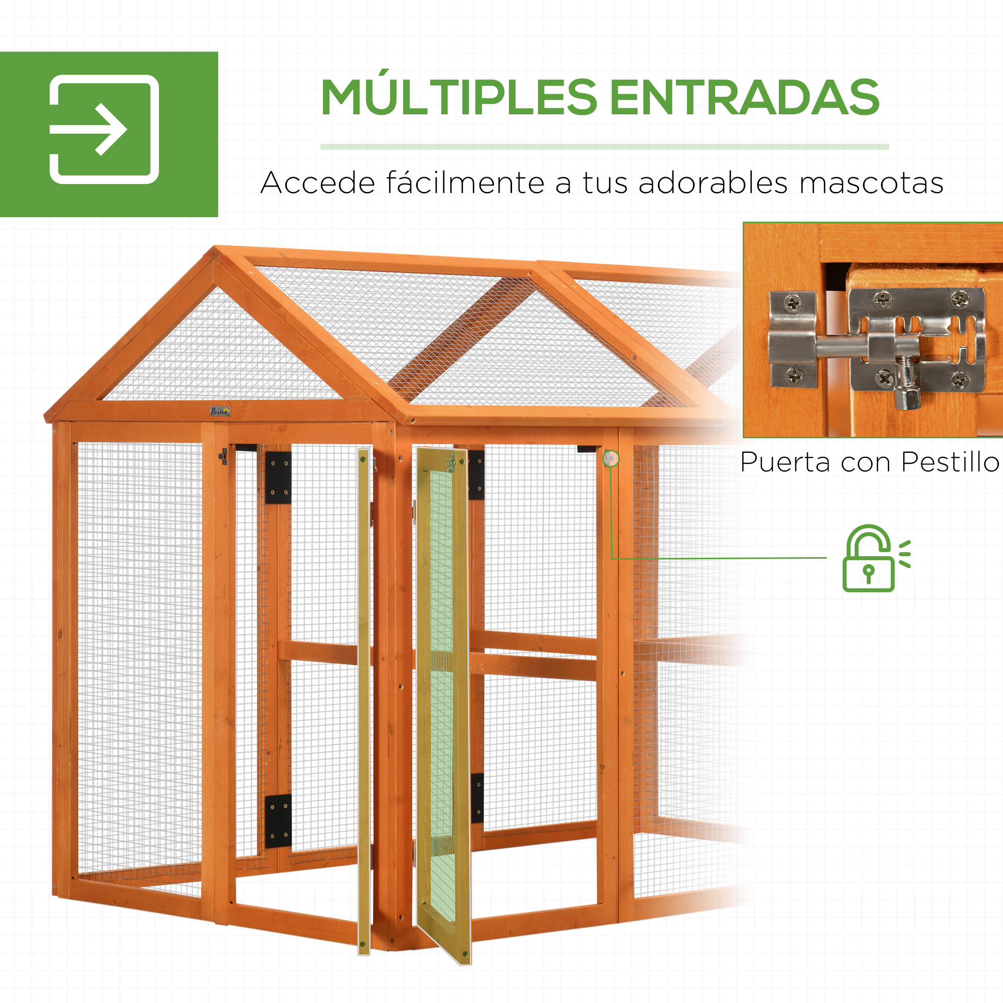 Un gallinero de madera con una puerta abierta y un primer plano de la cerradura y el pestillo.
