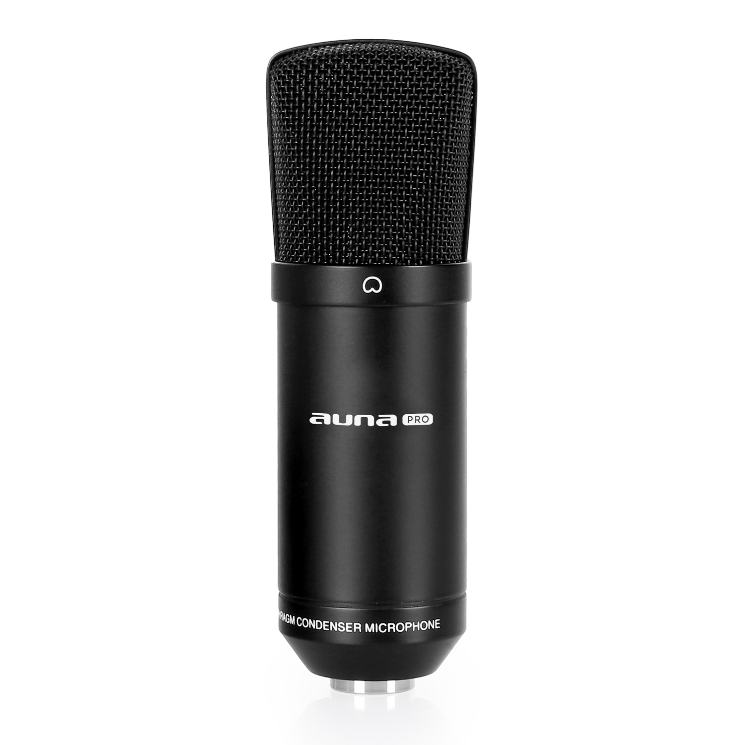 Schwarzes Mikrofon der Marke 'auna pro'. Es ist ein Kondensatormikrofon mit schwarzem Mesh-Kopf.