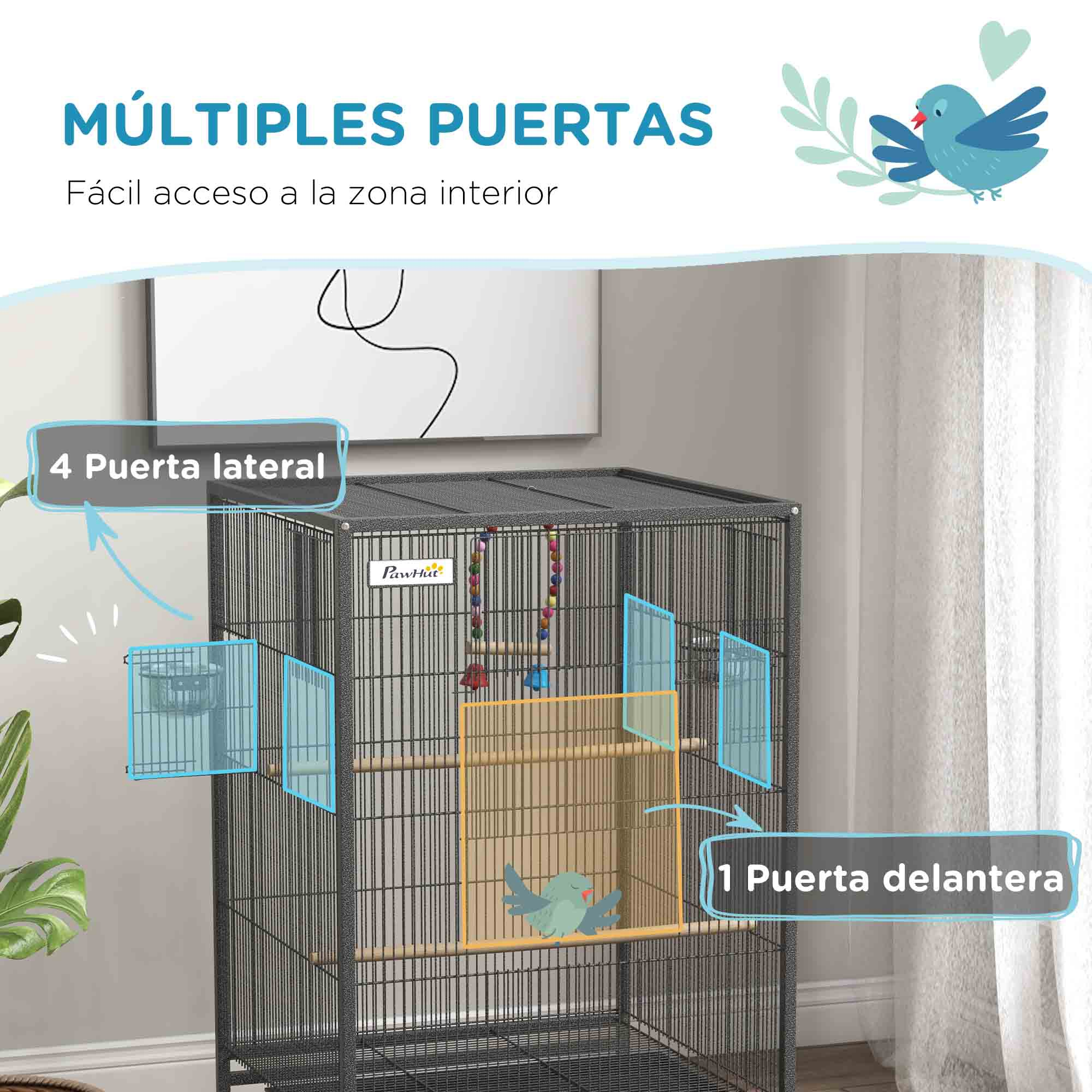 Una jaula alta para pájaros gris con múltiples puertas, perchas y accesorios en el interior, junto a una planta.