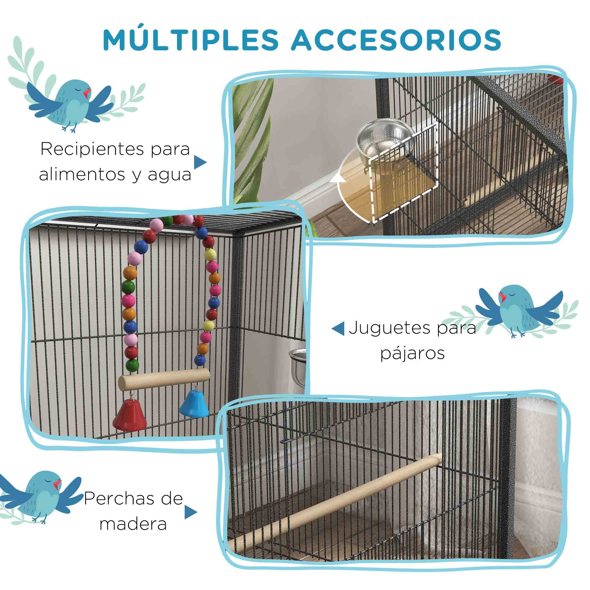Una jaula para pájaros con recipientes para comida y agua, juguetes y perchas de madera etiquetadas con texto.