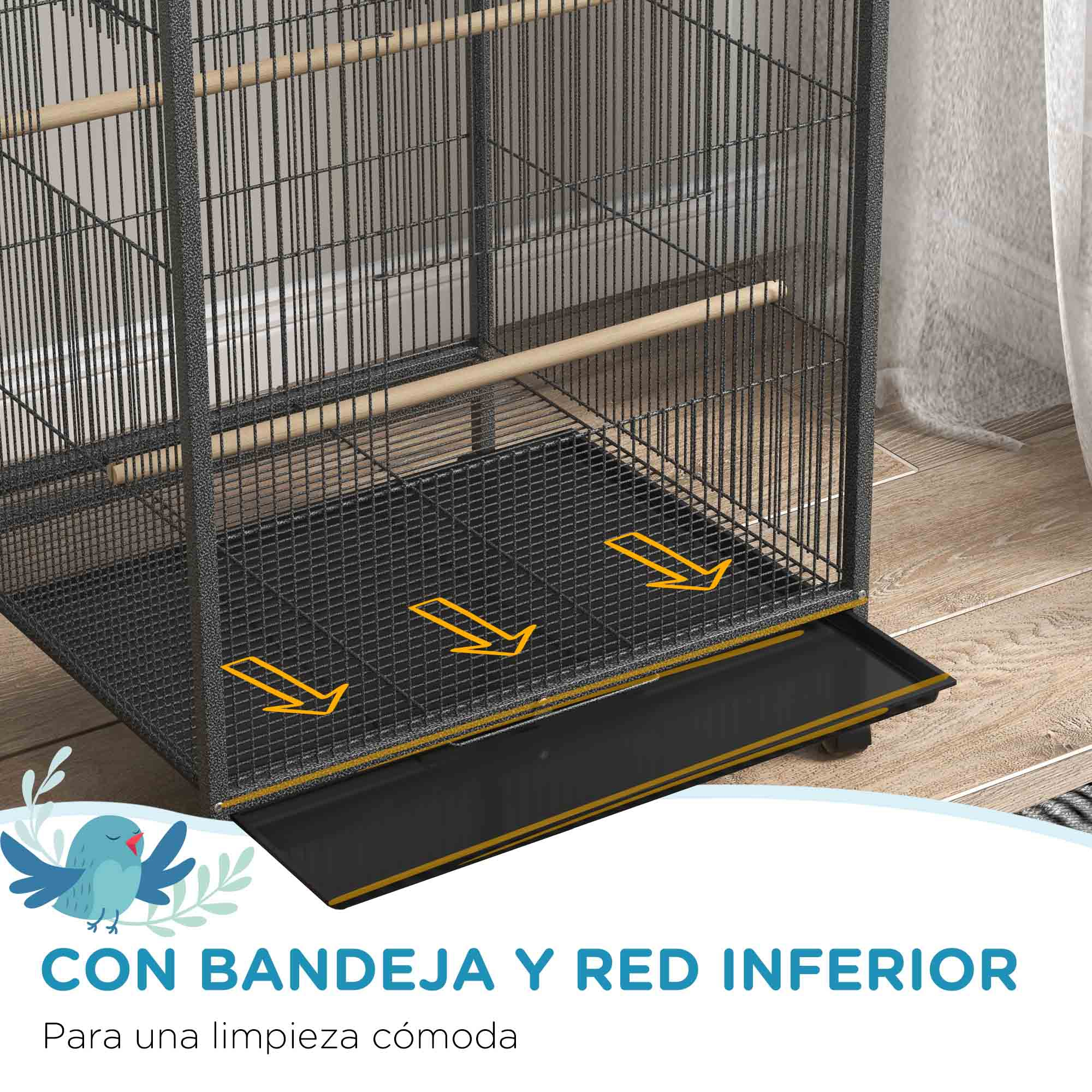 Primer plano de una jaula con una bandeja y texto sobre la limpieza.