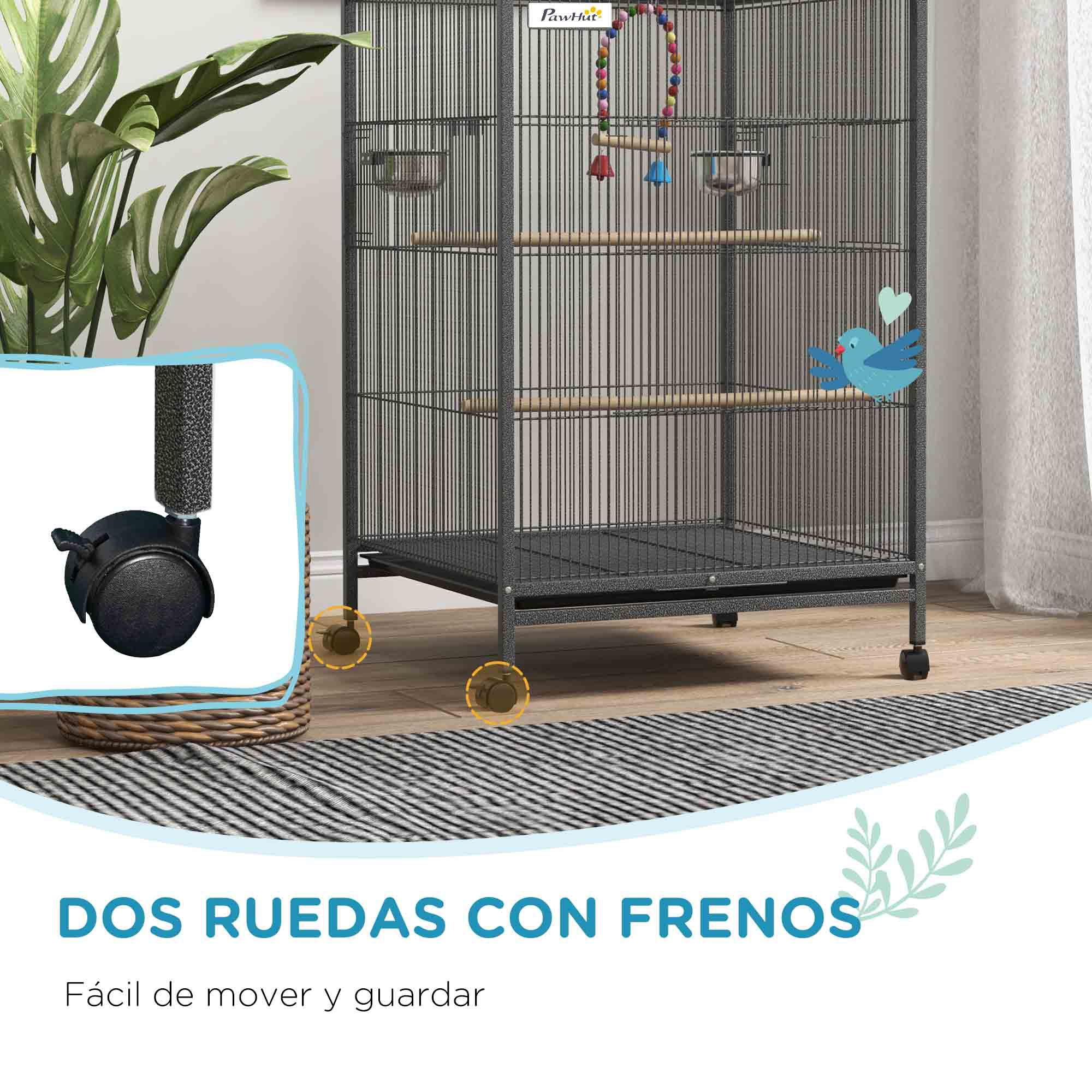 Una jaula con ruedas y texto sobre frenos y movimiento.