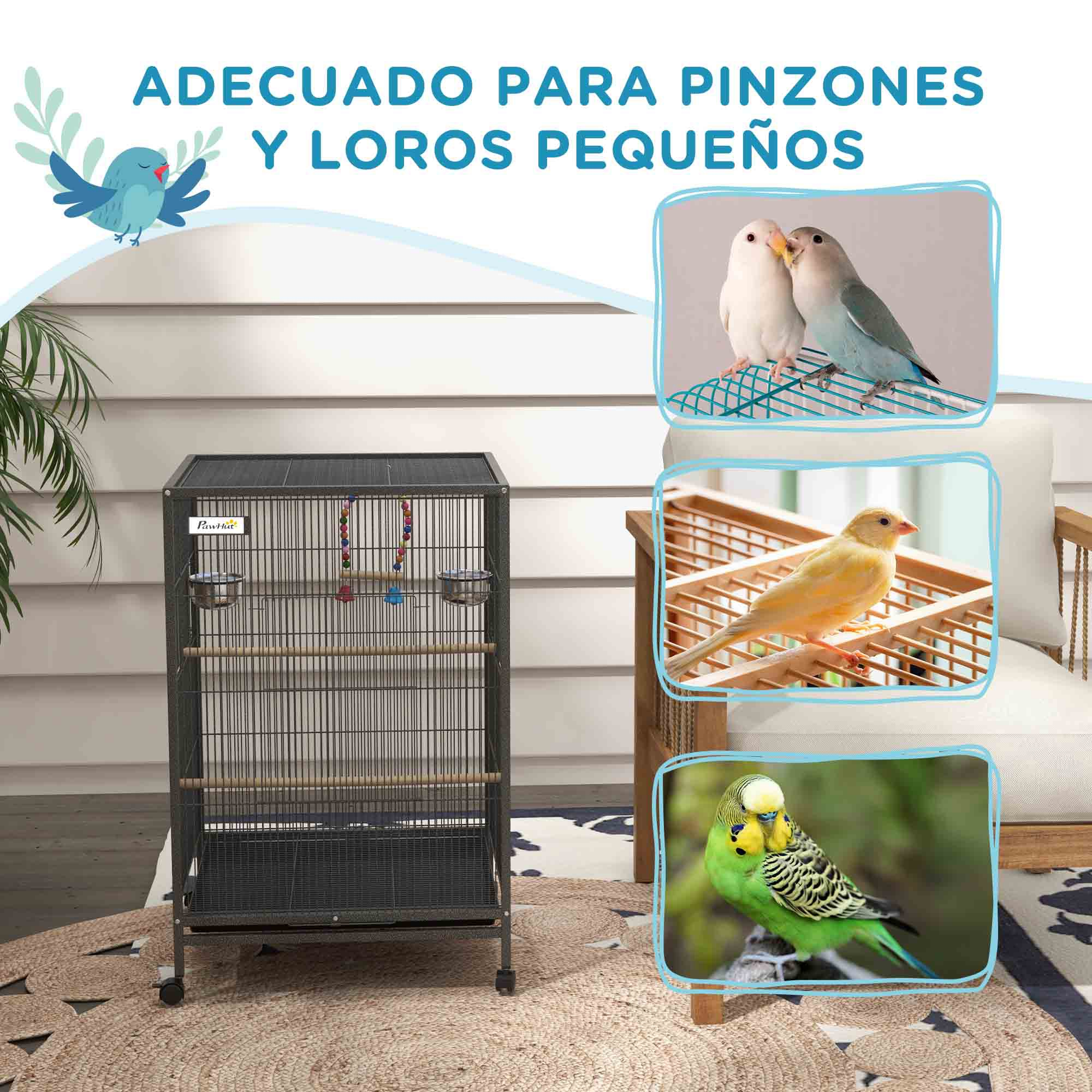 Una jaula con imágenes de diferentes pájaros y texto.