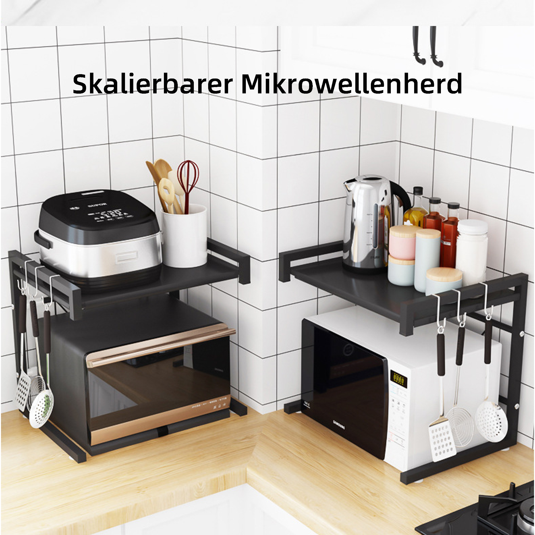 Zwei Küchenregale mit schwarzen Rahmen und hellen Holzregalen, die Mikrowellen und Küchenutensilien vor gefliesten Wänden halten.