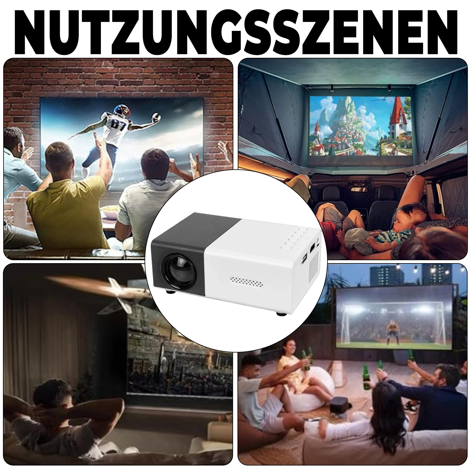 Mehrere Szenen eines Projektors, der zum Ansehen von Filmen und Sport verwendet wird.