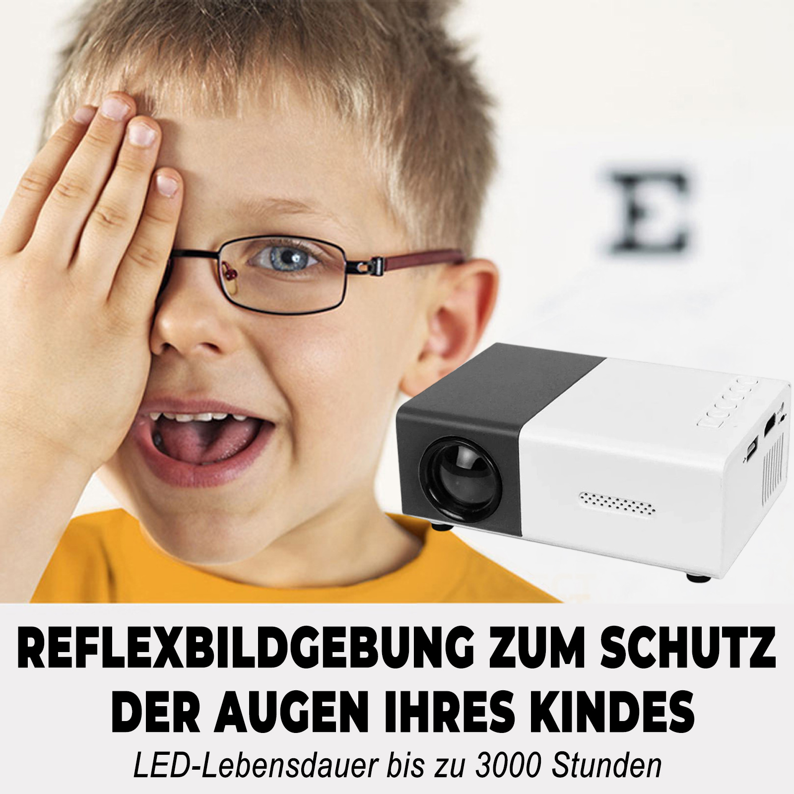 Ein Projektor neben einem Kind, das ein Auge bedeckt, mit Text zum Schutz der Augen des Kindes.