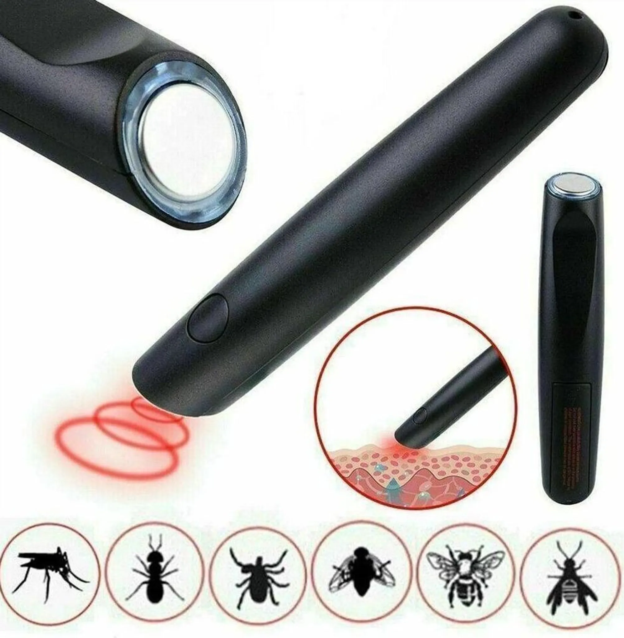 Nahaufnahme eines schwarzen Geräts mit leuchtender Spitze. Es hat Insekten-Icons daneben.