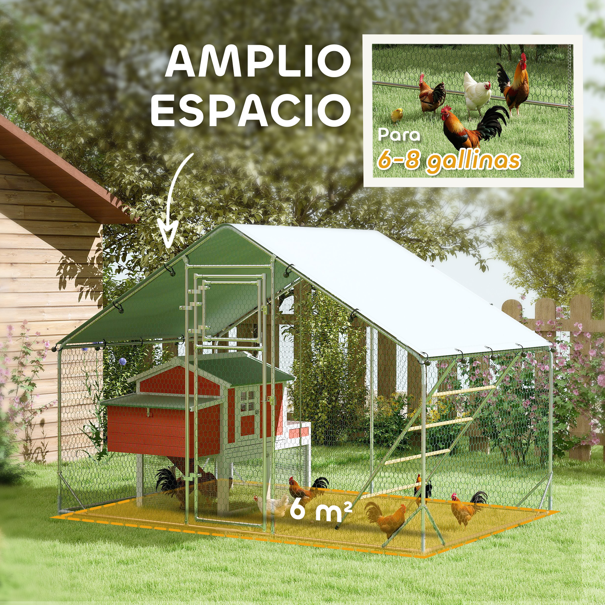 Un gallinero exterior con una casa roja y un techo verde. Está rodeado por una valla y tiene gallinas.