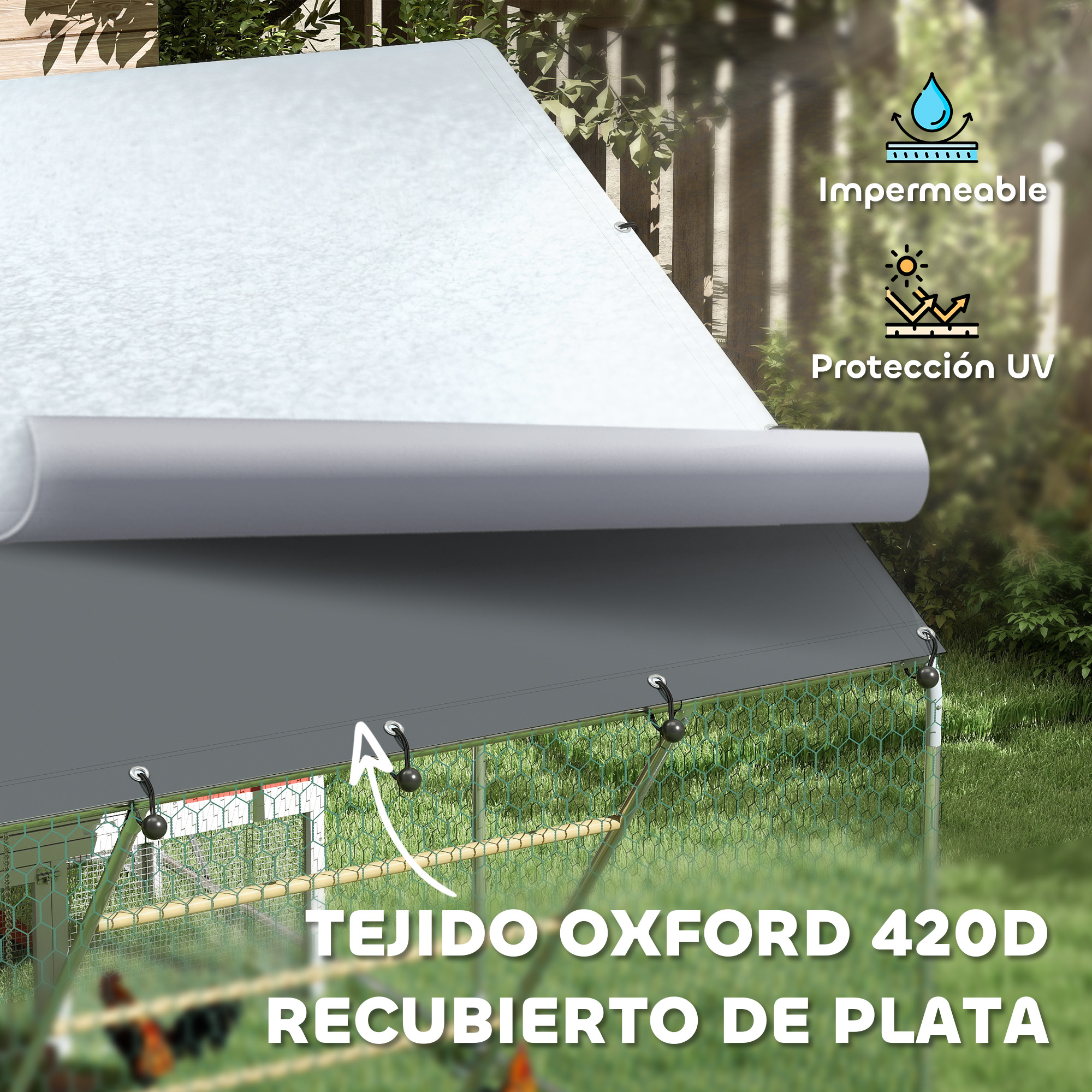 Un gallinero exterior con techo de tela Oxford 420D plateada. El texto indica protección UV e impermeable.