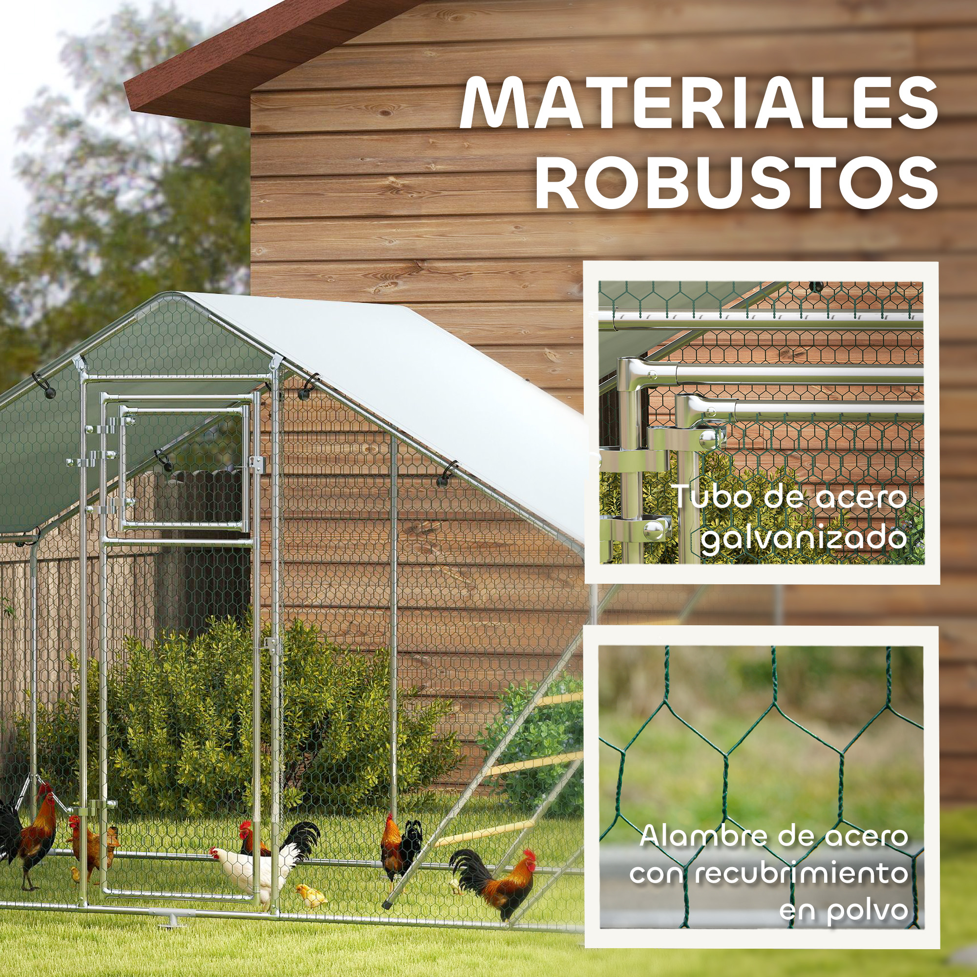 Un gallinero con gallos y gallinas en una zona de césped. Texto: materiales robustos.