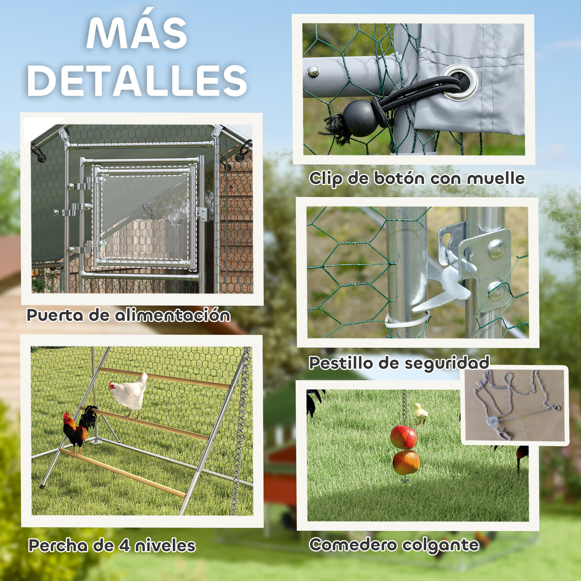 Imágenes detalladas de un gallinero que muestran una puerta de alimentación, un clip con resorte, un pestillo de seguridad.