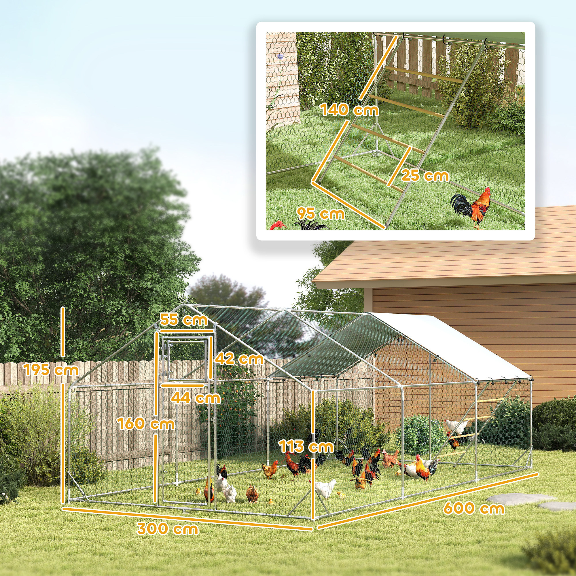 Un gran gallinero con dimensiones y gallinas dentro. Texto: 18 m2, 18-24 gallinas.