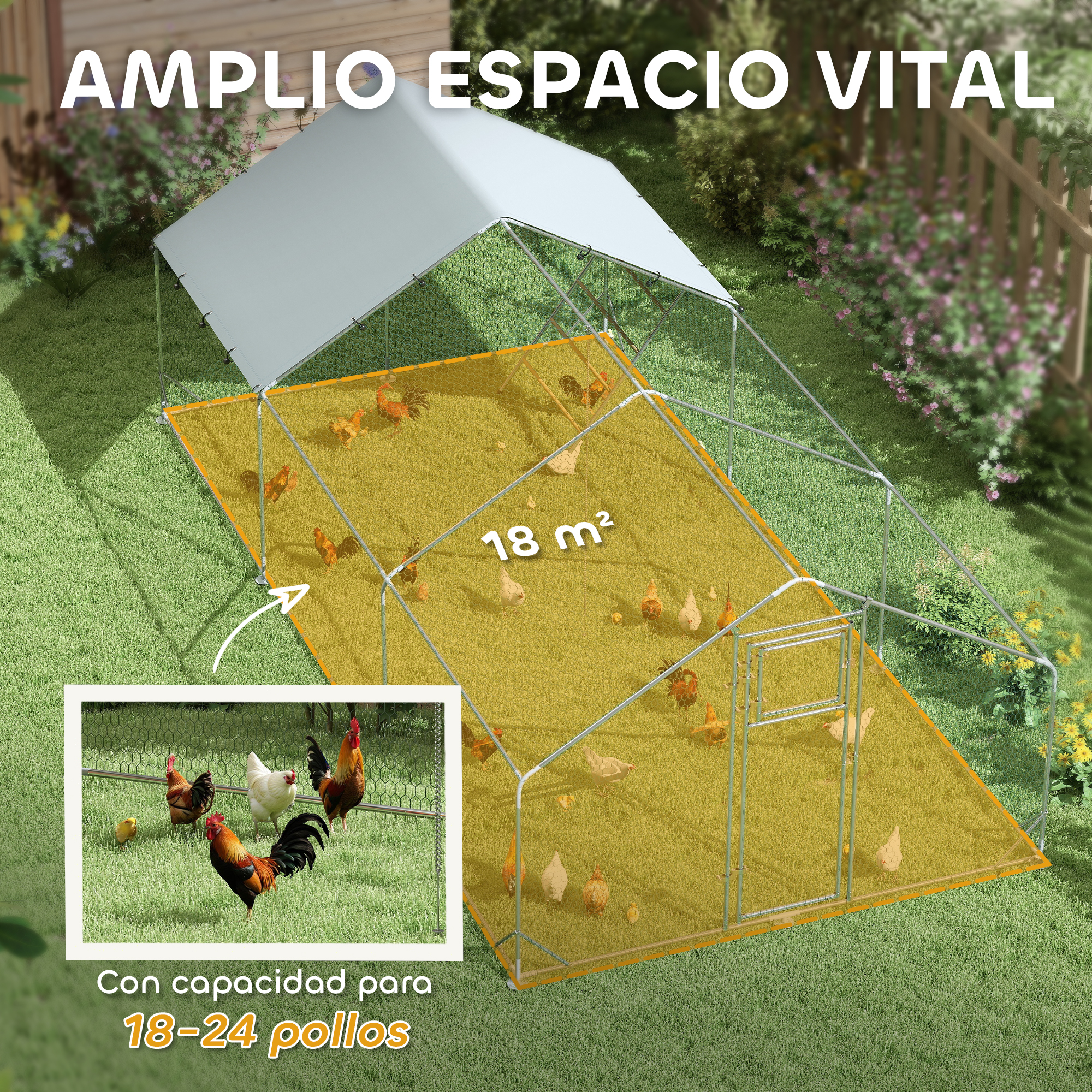 Un gallinero con gallinas en una zona de césped. Texto: amplio espacio vital, para 18-24 gallinas.