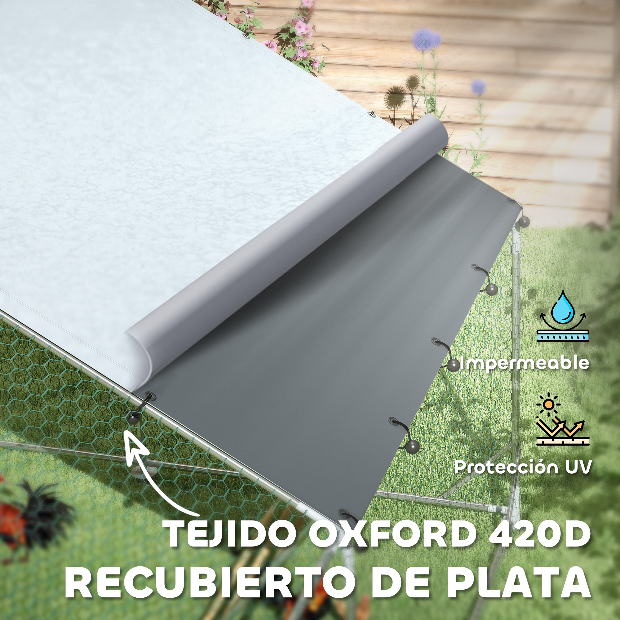 Primer plano del techo de un gallinero. El texto dice Tejido Oxford 420D Recubierto de Plata.