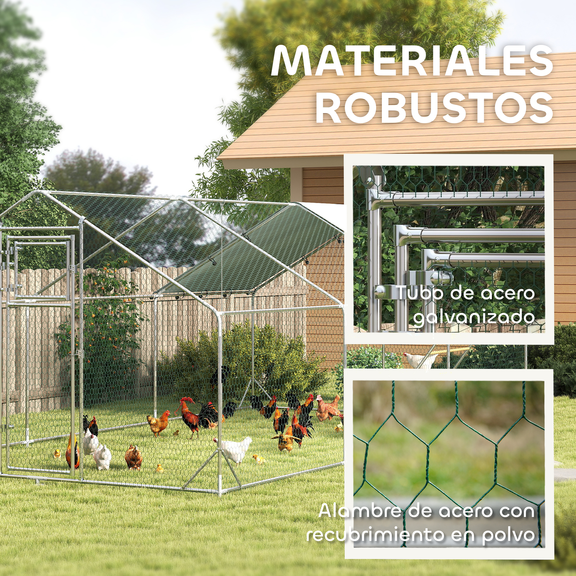 Un gallinero con gallinas en una zona de césped. Texto: materiales robustos y acero galvanizado.