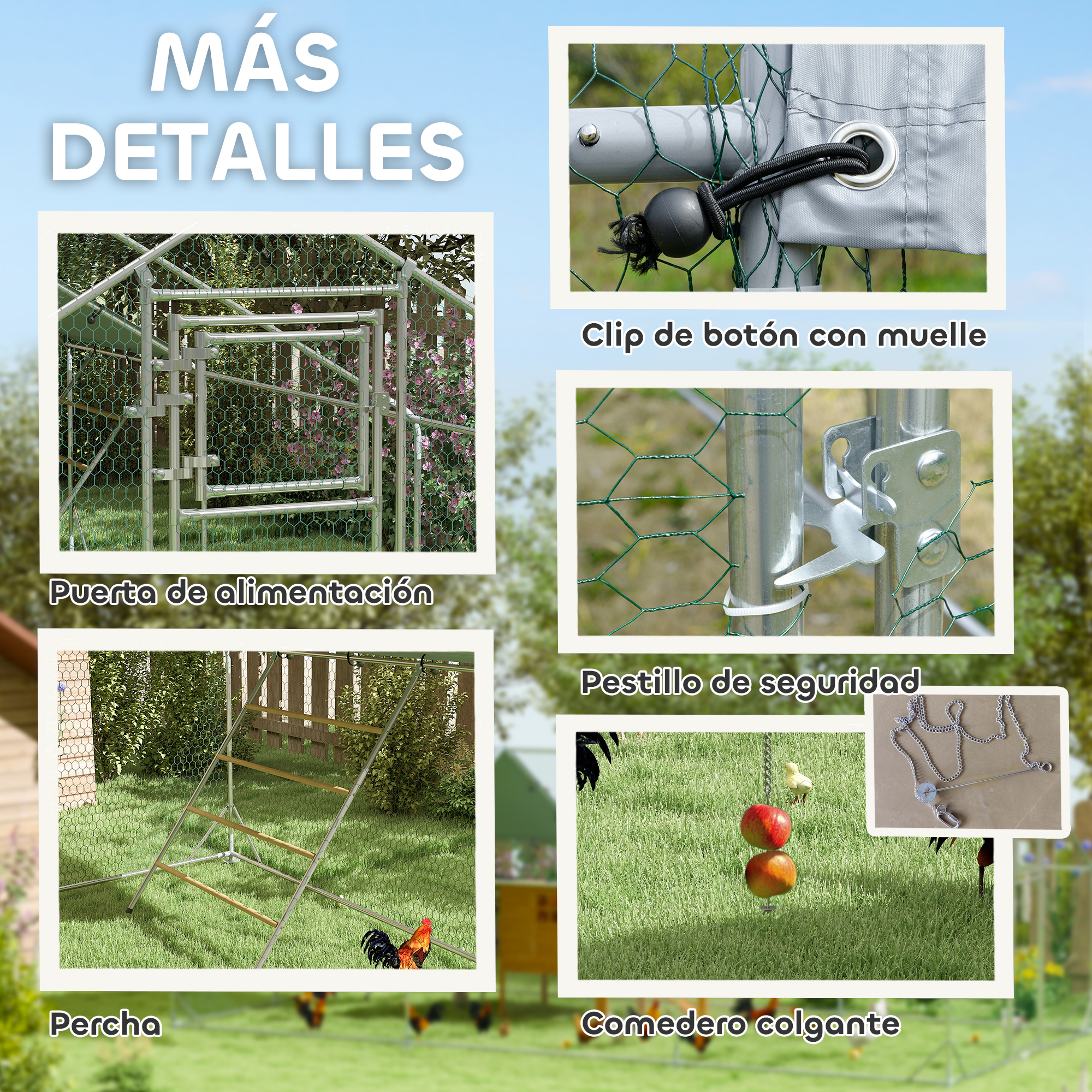 Detalles de un gallinero que incluyen una puerta, un pestillo, una escalera y un comedero colgante. Texto en español.