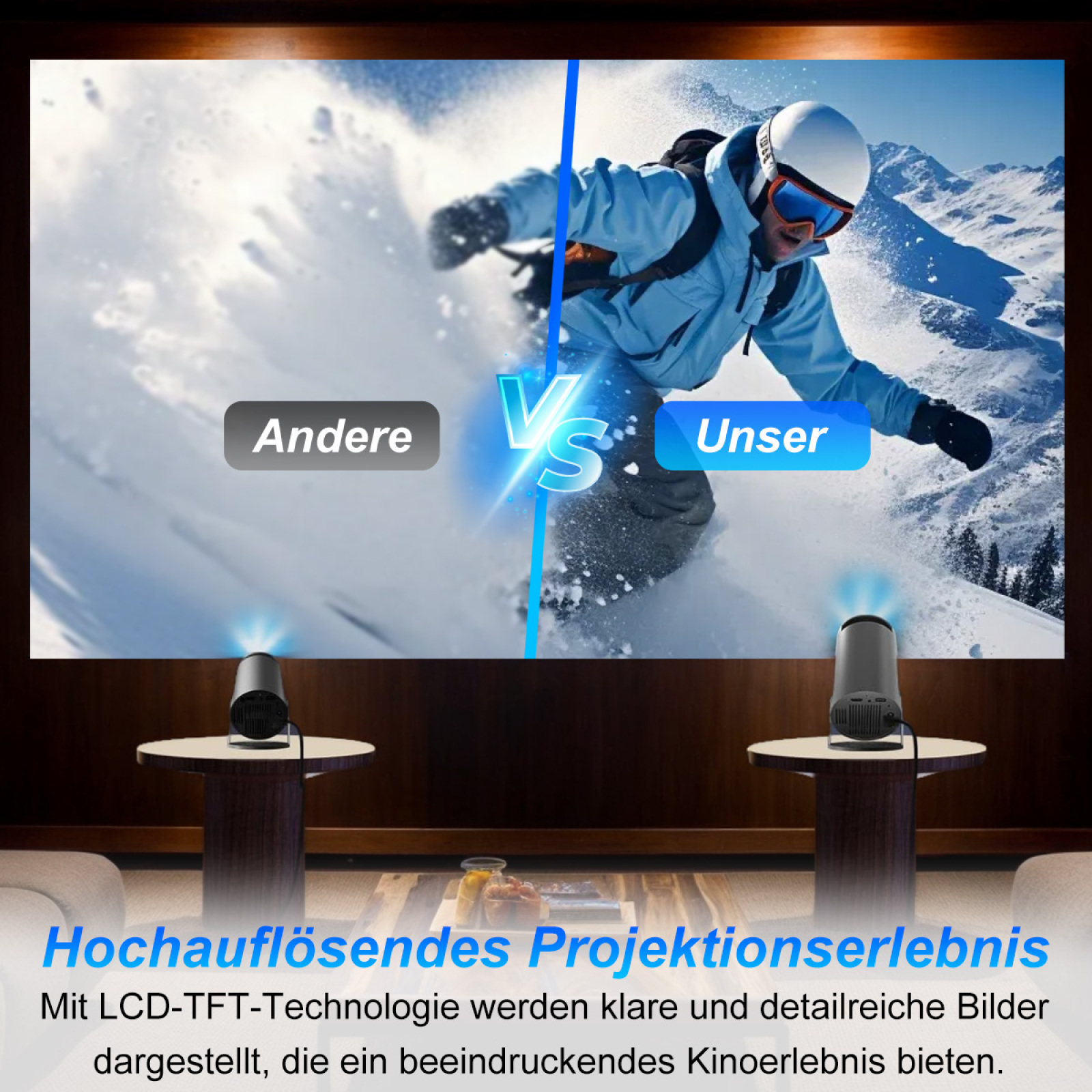 Ein Vergleich von zwei Projektoren auf einer Leinwand mit einer schneebedeckten Berglandschaft.