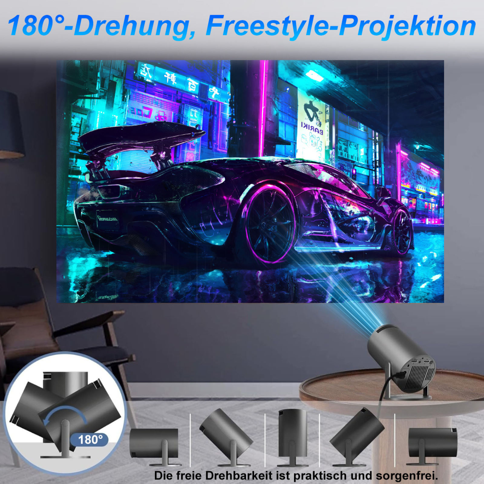 Ein futuristisches Auto, das von einem Projektor an eine Wand projiziert wird. Text: 180° Drehung, Freestyle-Projektion.