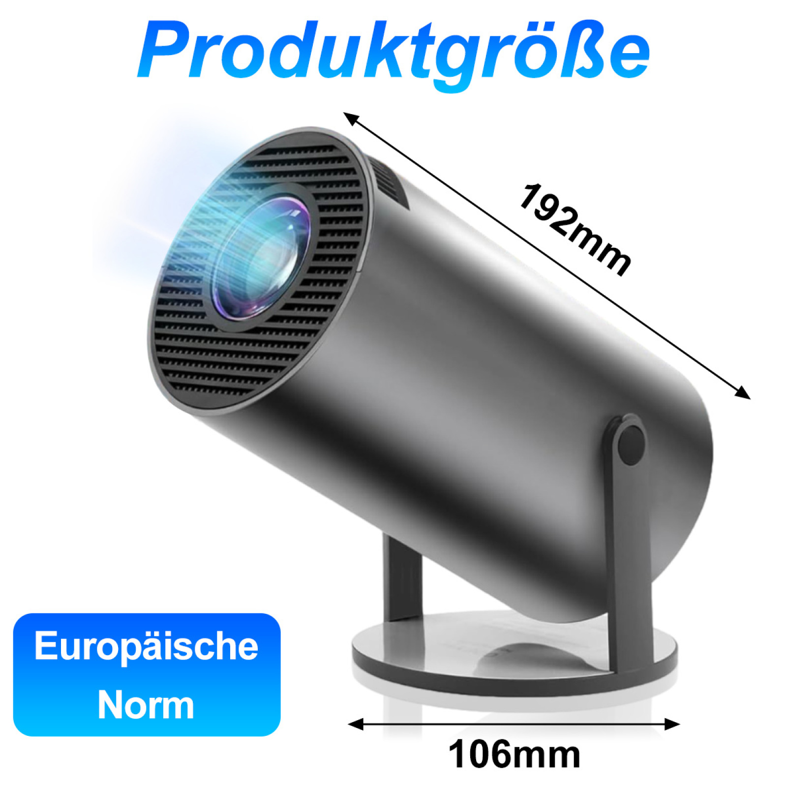 Ein schwarzer Projektor mit den angegebenen Abmessungen: 192 mm Länge, 106 mm Breite. Text: Europäische Norm.