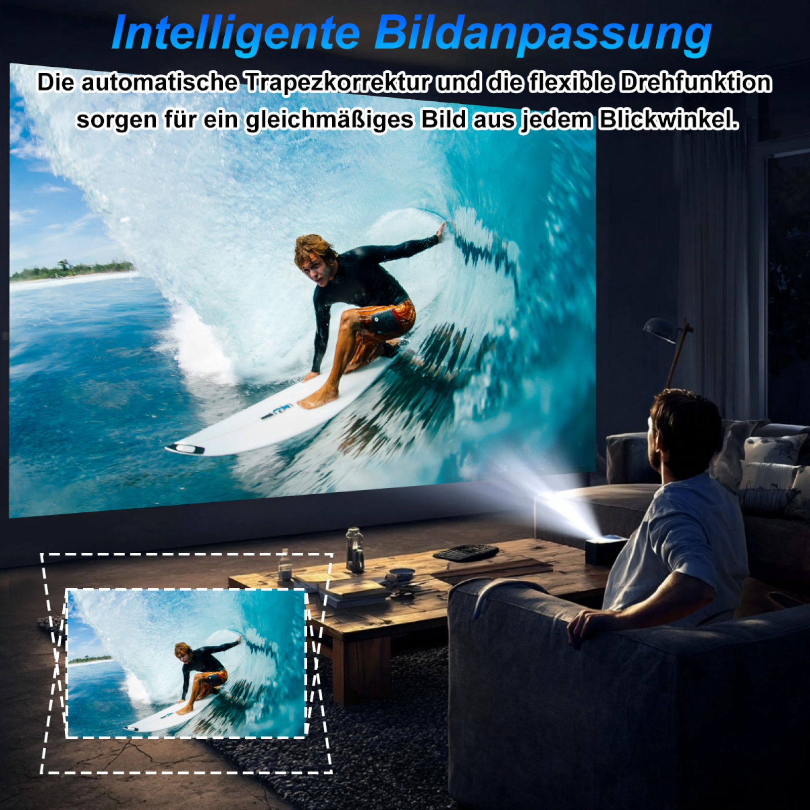 Ein Surfer reitet auf einer Welle, die an eine Wand projiziert wird. Ein Mann sitzt auf einem Sofa und schaut zu. Text: