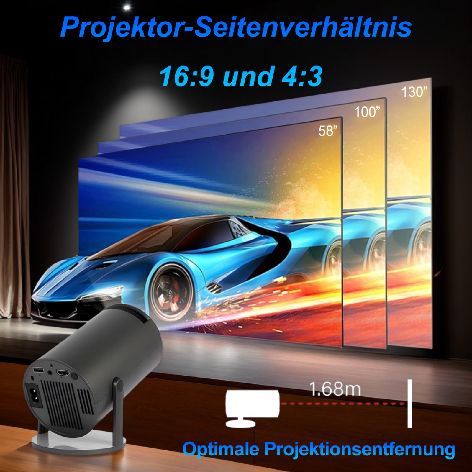 Ein Projektor, der ein Auto auf einem Bildschirm anzeigt. Anzeigegrößen sind 58", 100" und 130". Text: Optimale Projektionsentfernung.