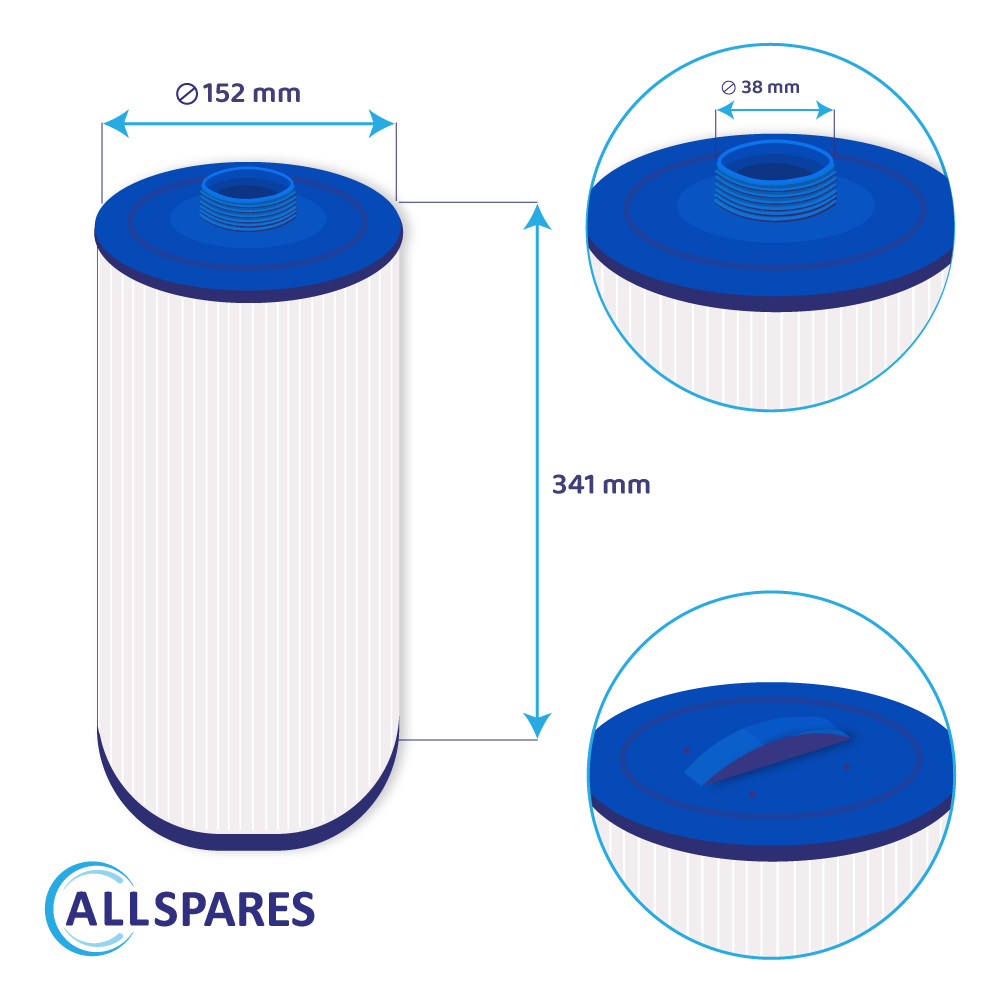 L'immagine mostra un filtro blu e bianco con misure, su uno sfondo bianco con il logo Allspares.