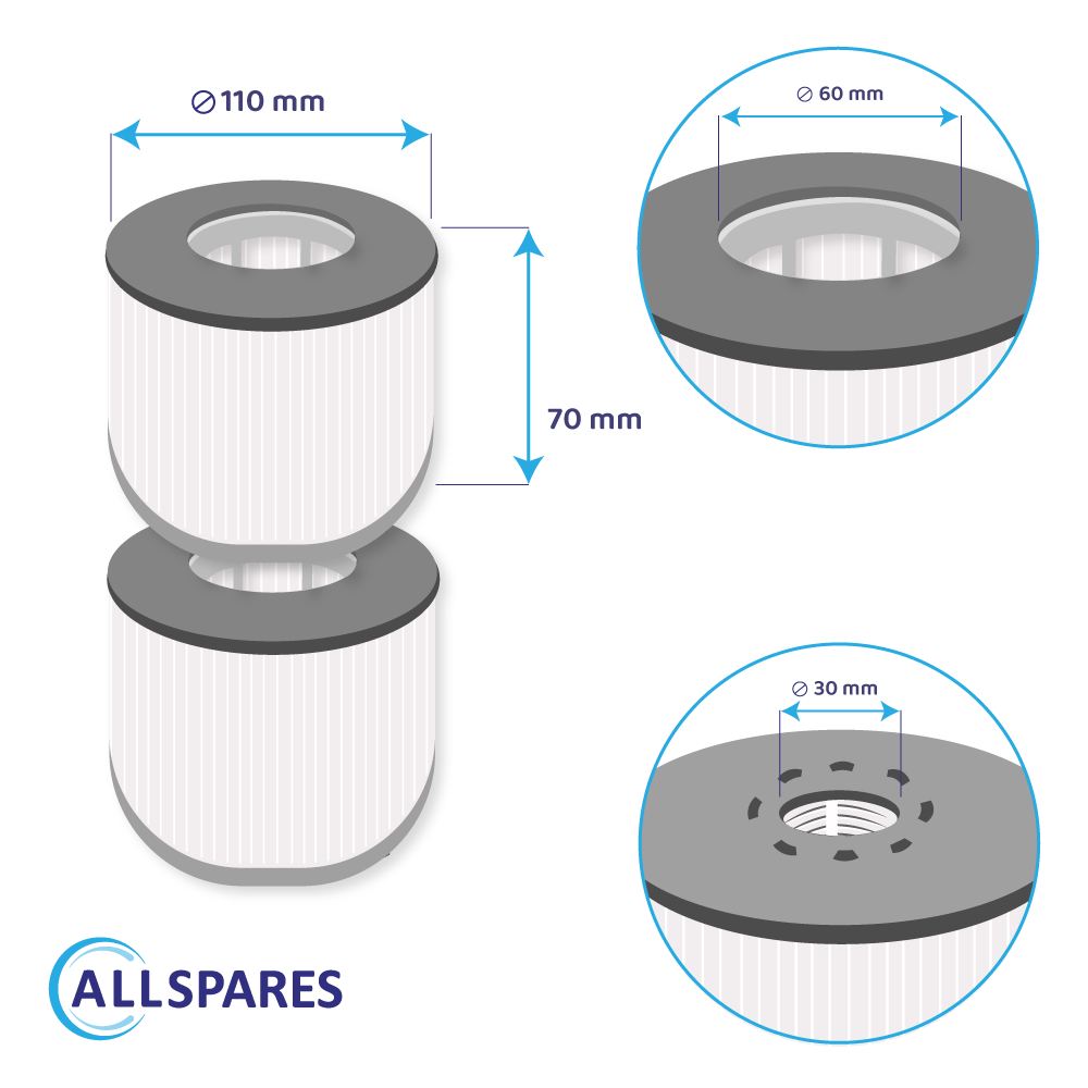 L'immagine mostra un filtro bianco e grigio con misure, su uno sfondo bianco con il logo Allspares.