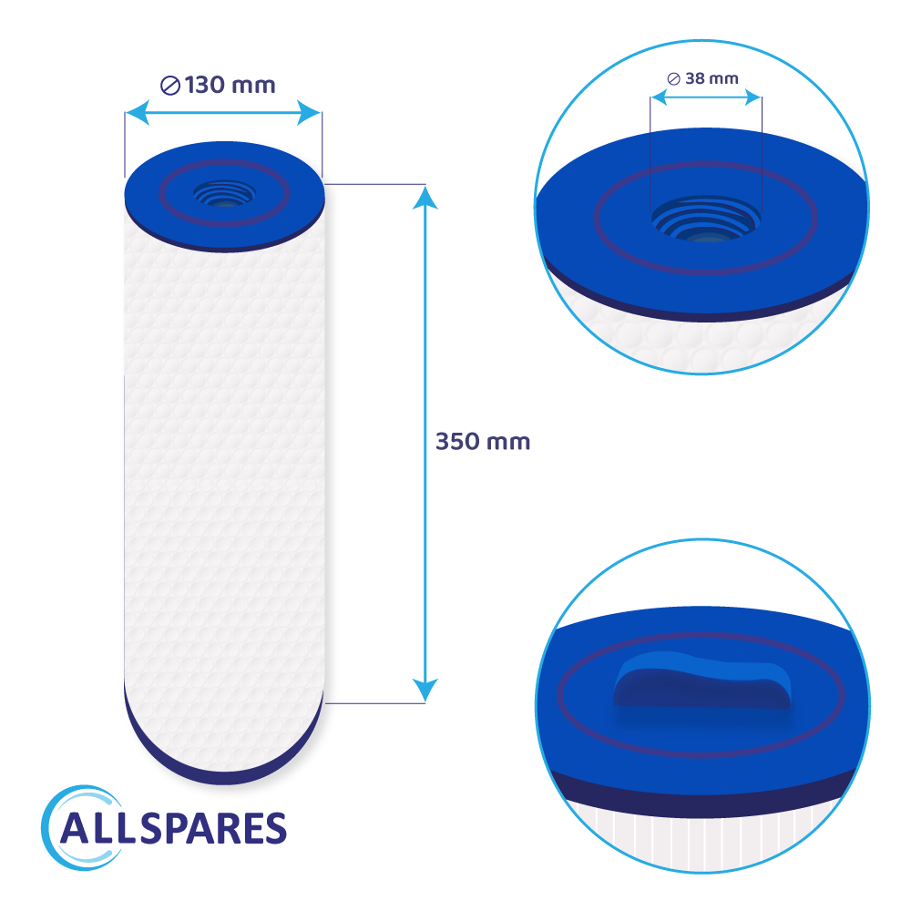 L'immagine mostra un filtro blu e bianco con misure, su uno sfondo bianco con il logo Allspares.