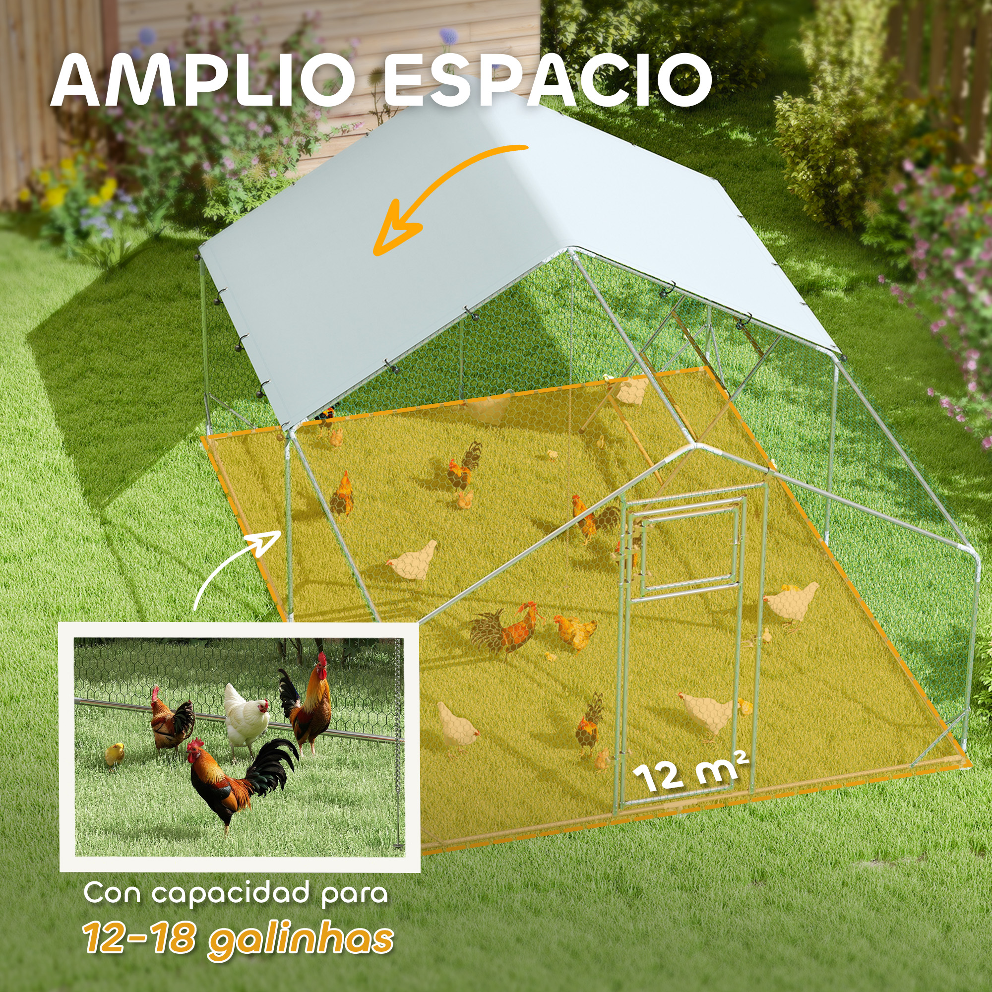 Imagen de un gallinero al aire libre, destacando su amplia zona y capacidad para 12-18 gallinas.